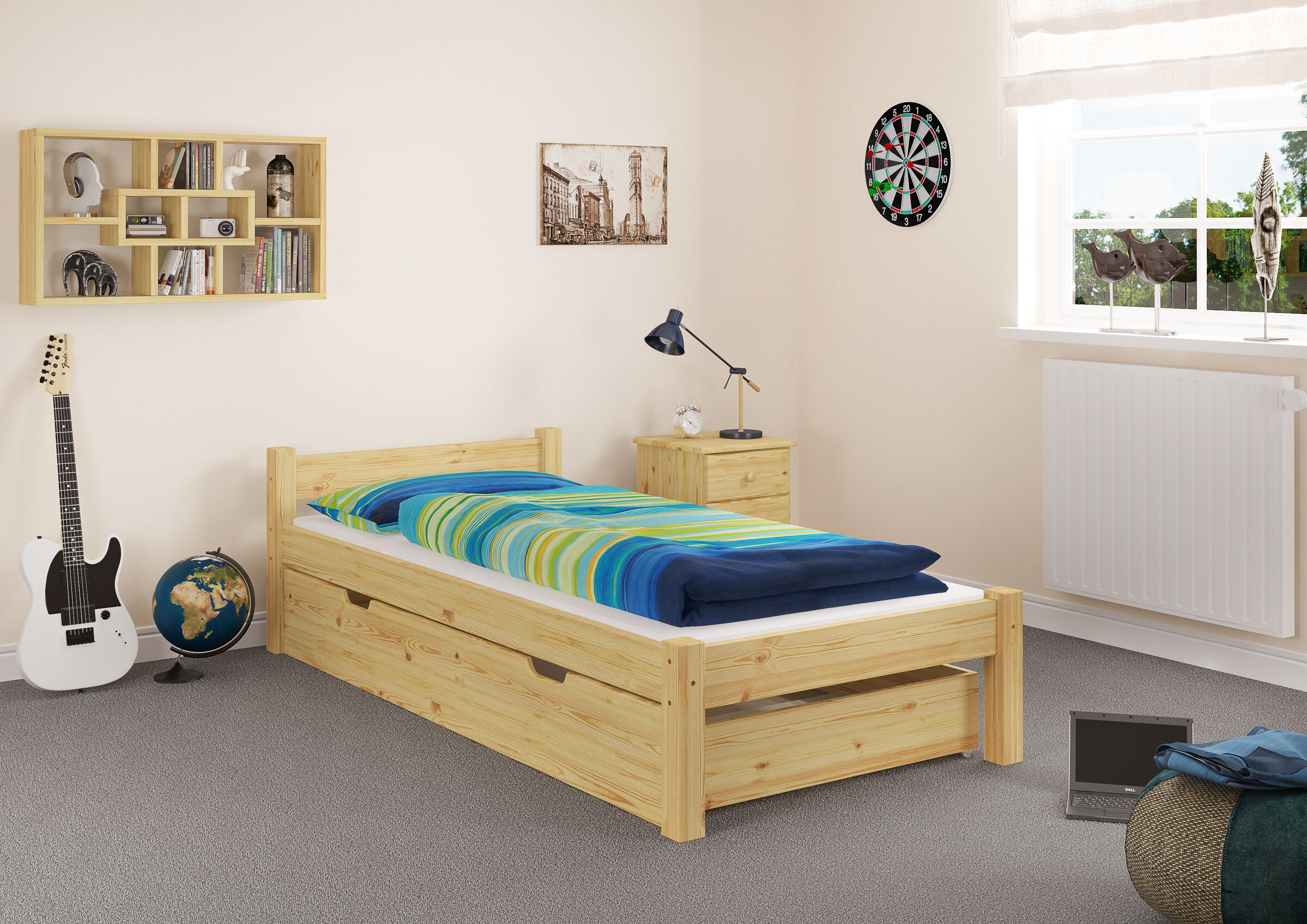 Kinderzimmer, Holzbett, Bett mit Stauraum, Farbige Bettwäsche, Gitarre, Schlafzimmer mit Einzelbett und Bettkasten Kiefer natur