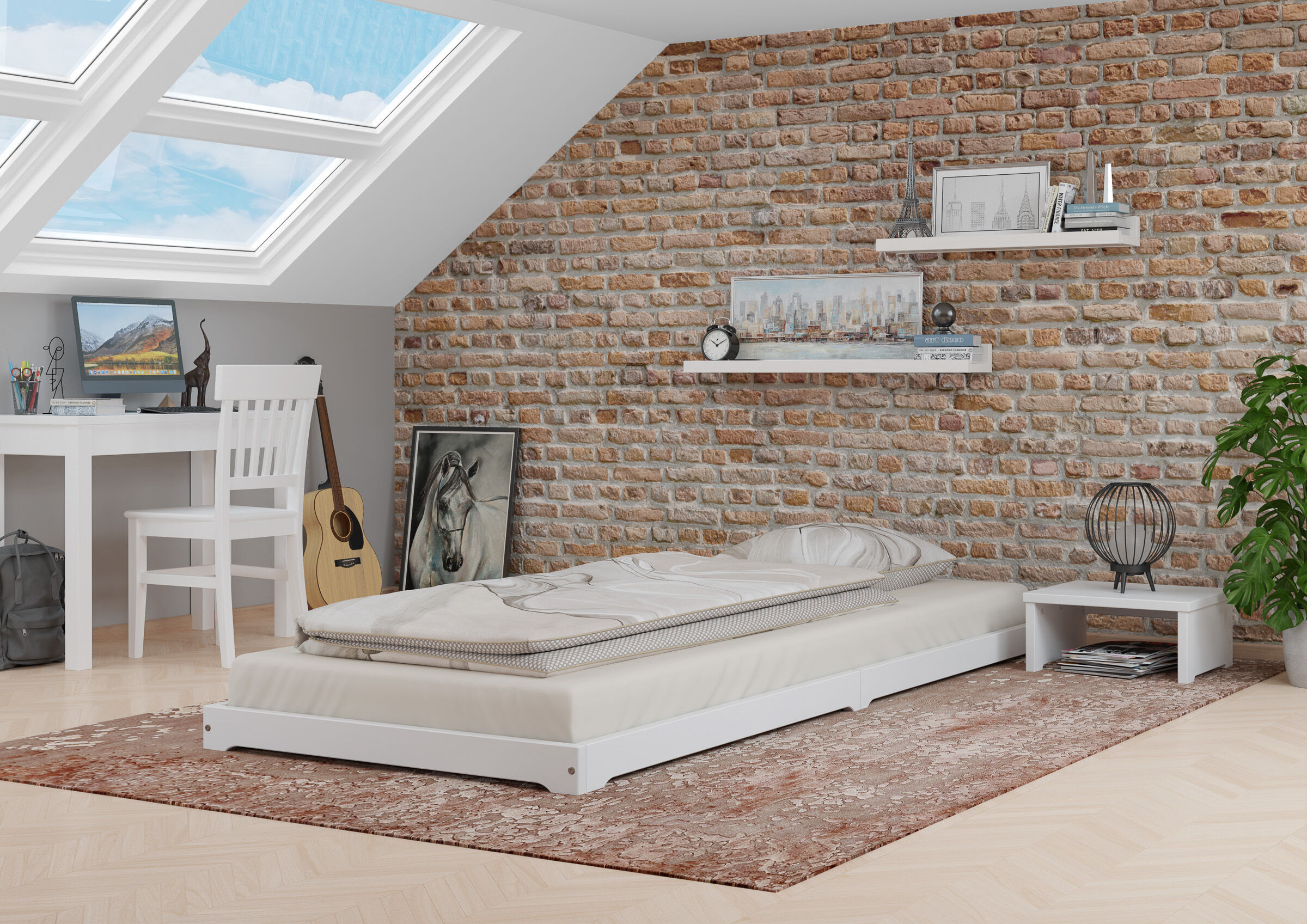 Bodenbett, Bettplattform, Ratgeberbett, Bücherregal, Ziegelwand, Zimmerbild des Flachbettes 90x220 aus Kiefer