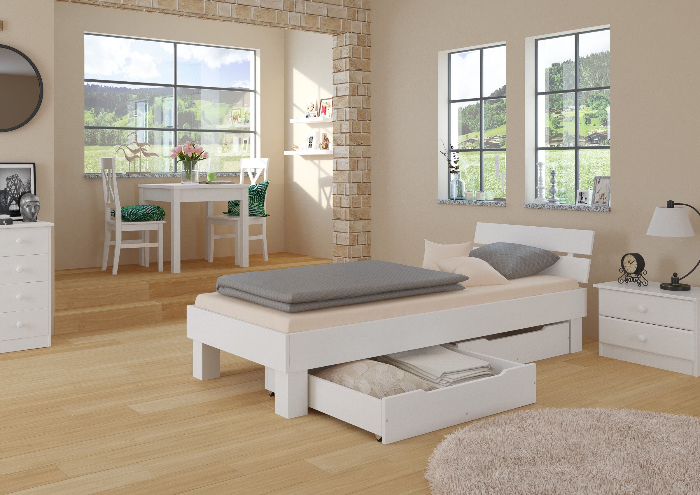 bett, bettgestell, holzboden, gartentisch?, fensterblick, Buche Bett 60.86-09W