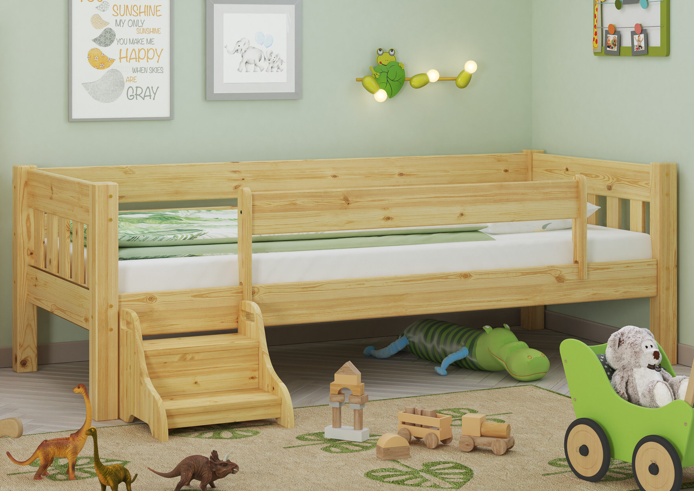 holzbetten, hochbett, kinderzimmer, natürliche holzfarbe, spielzeug,
