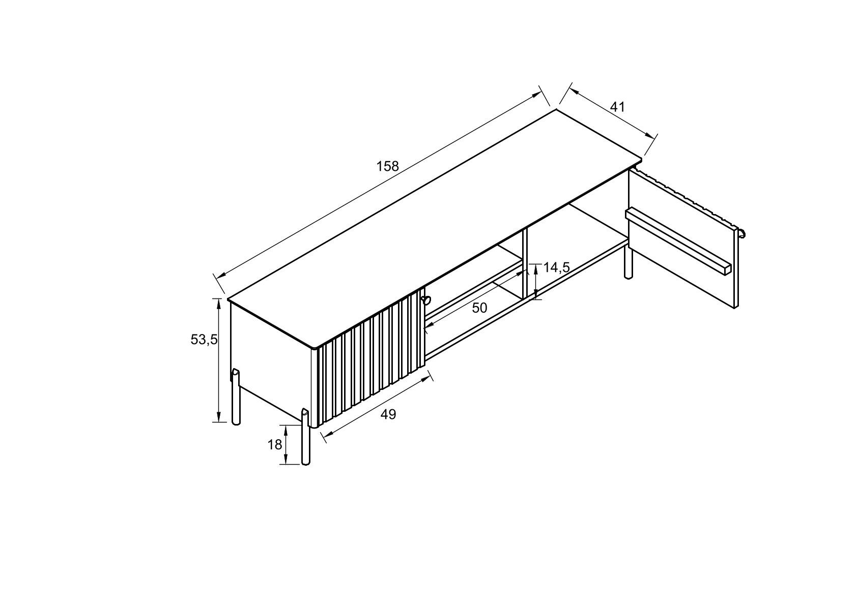 CAD-Diagramm, Diagramm, Handlung, Maße des Fernsehschanks 158 x 41 x 54