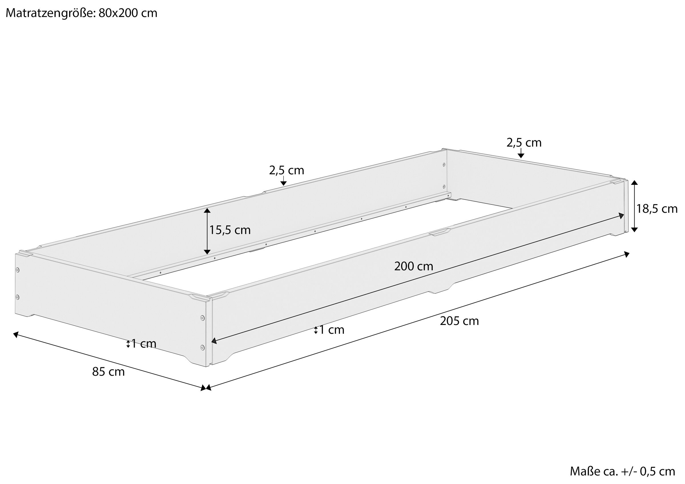 Matrazzengestell, Bettkastenrahmen, Größe 80x200 cm, Rahmenhöhe 18,5 cm, Bettgrundrahmen, Robustes Echtholzbett 80x200 stapelbar