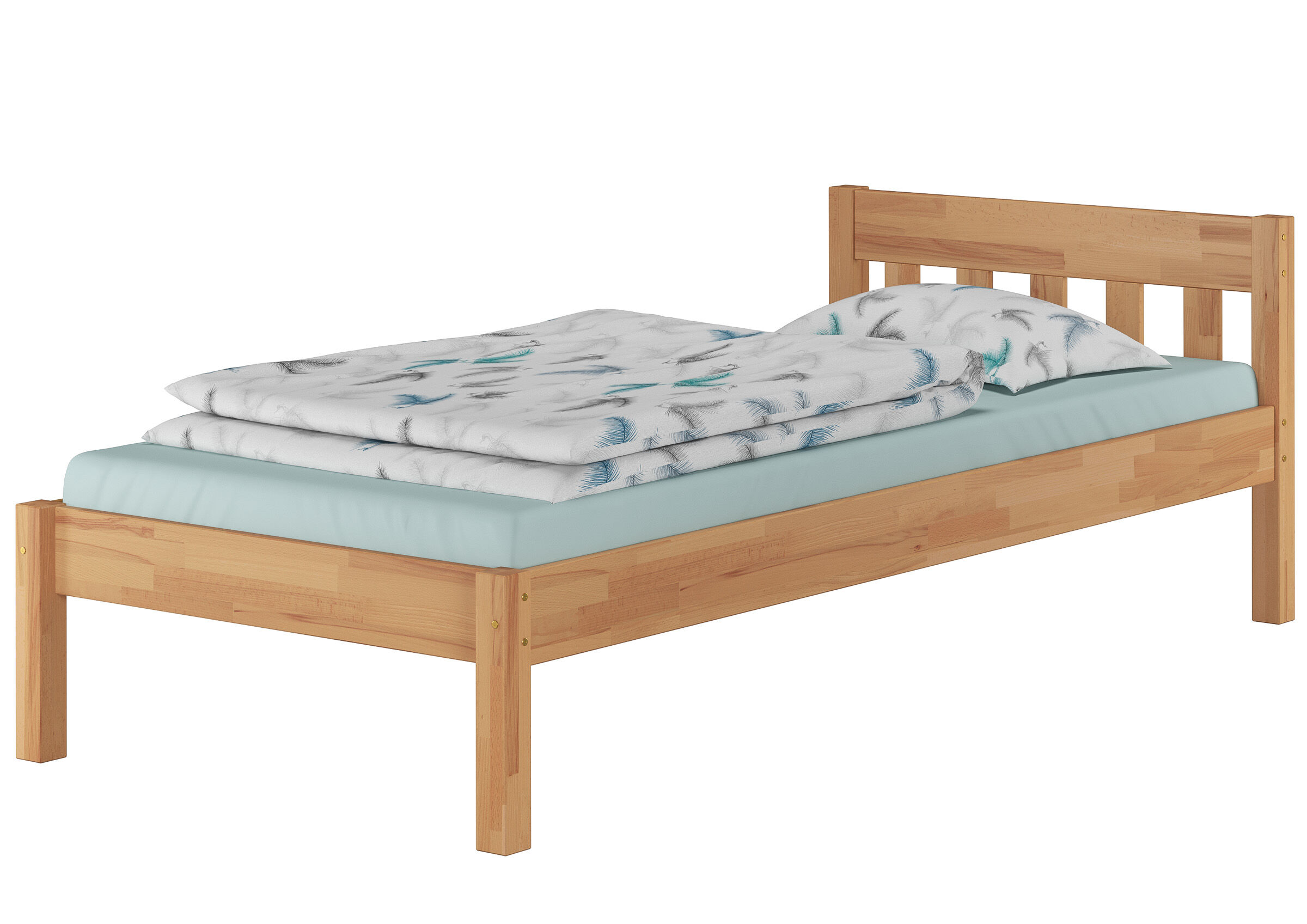 Einzelbett, Holz, Lattenrost, Bettwäsche, Muster, Einzelbett Buche lackiert