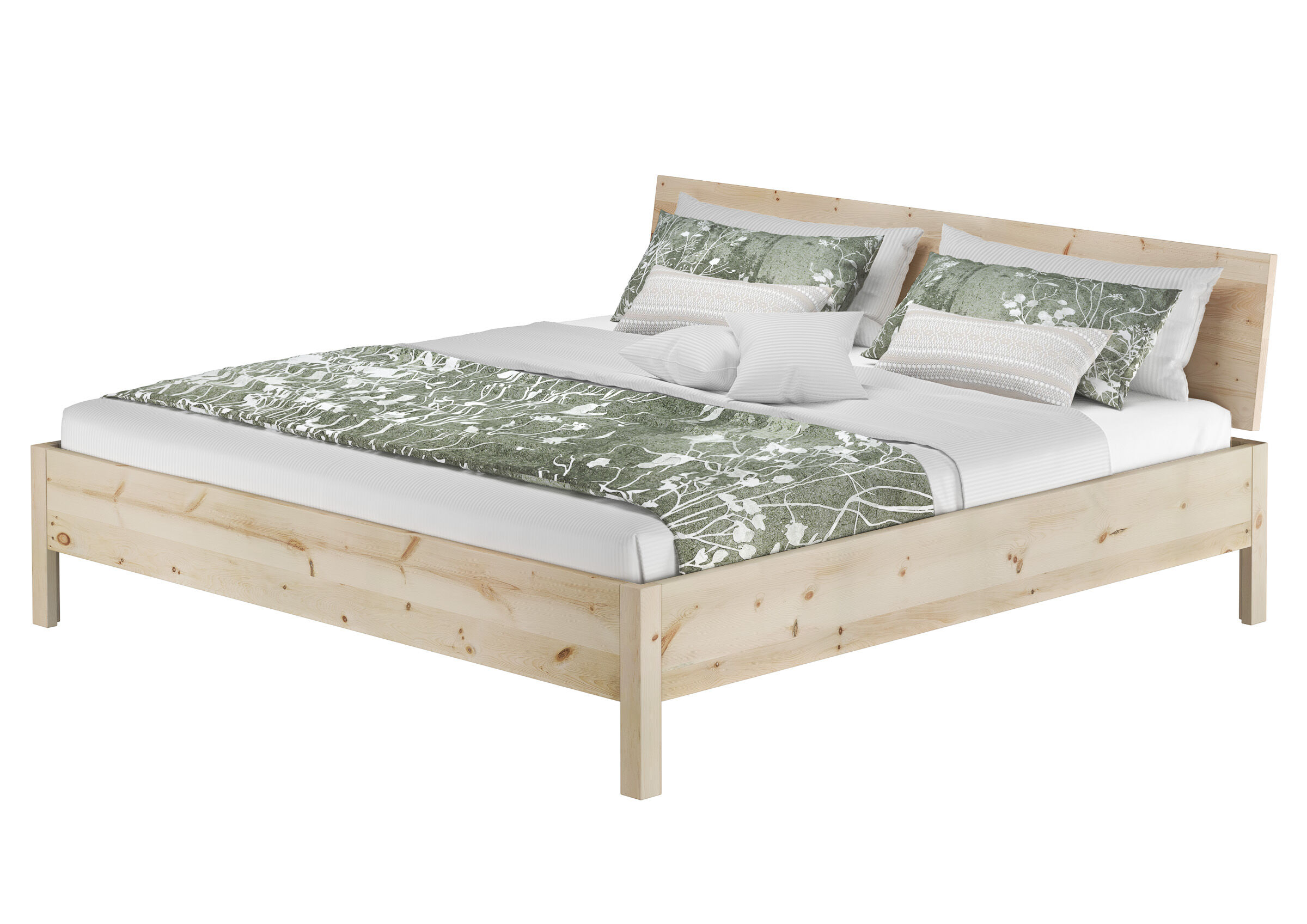 Bettrahmen, Bettgestell aus Holz, Holzbettrahmen, Kopfteil aus Holz, Naturholzoptik, Robustes Massivholzbett 200x200 aus Zirbe
