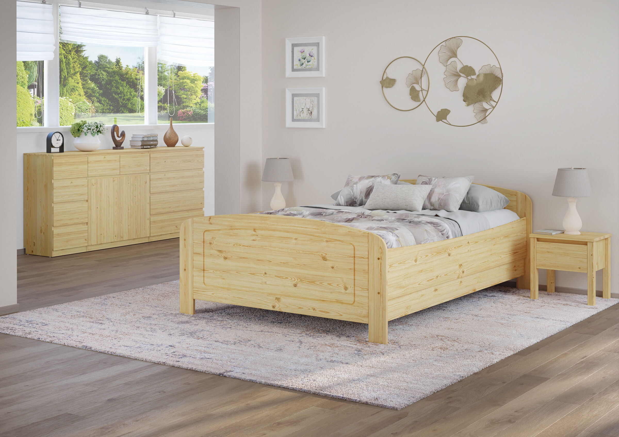 bett, holzbett, stockbett, kammer, wohnzimmer-ambiente, Schönes Massivholzbett 140x220 im Zimmer