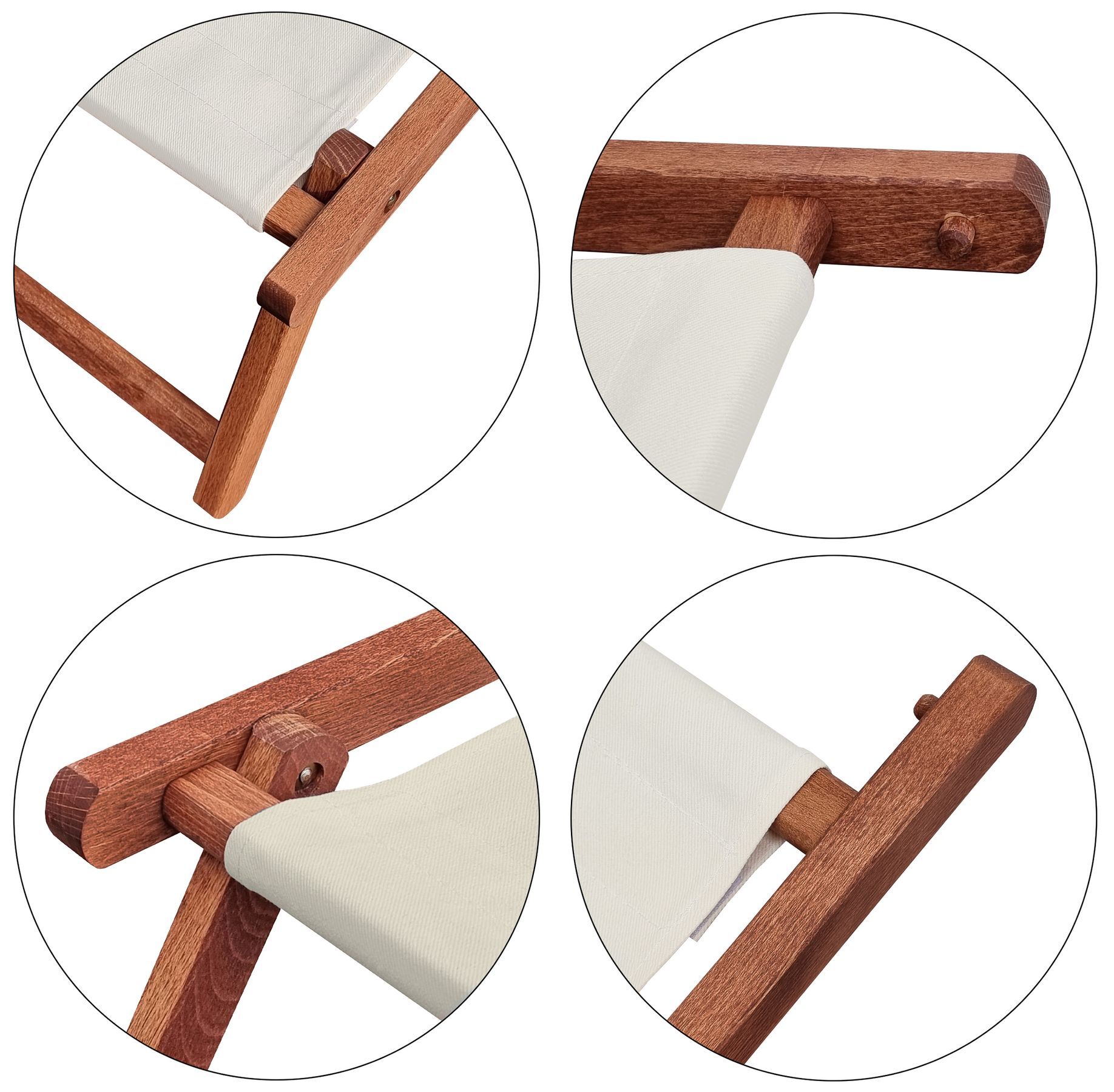 Holzrahmen, Leinwand-Sling, Stoffsitze, Klappstuhl, Holzoberfläche, Detaibild des Fußteils
