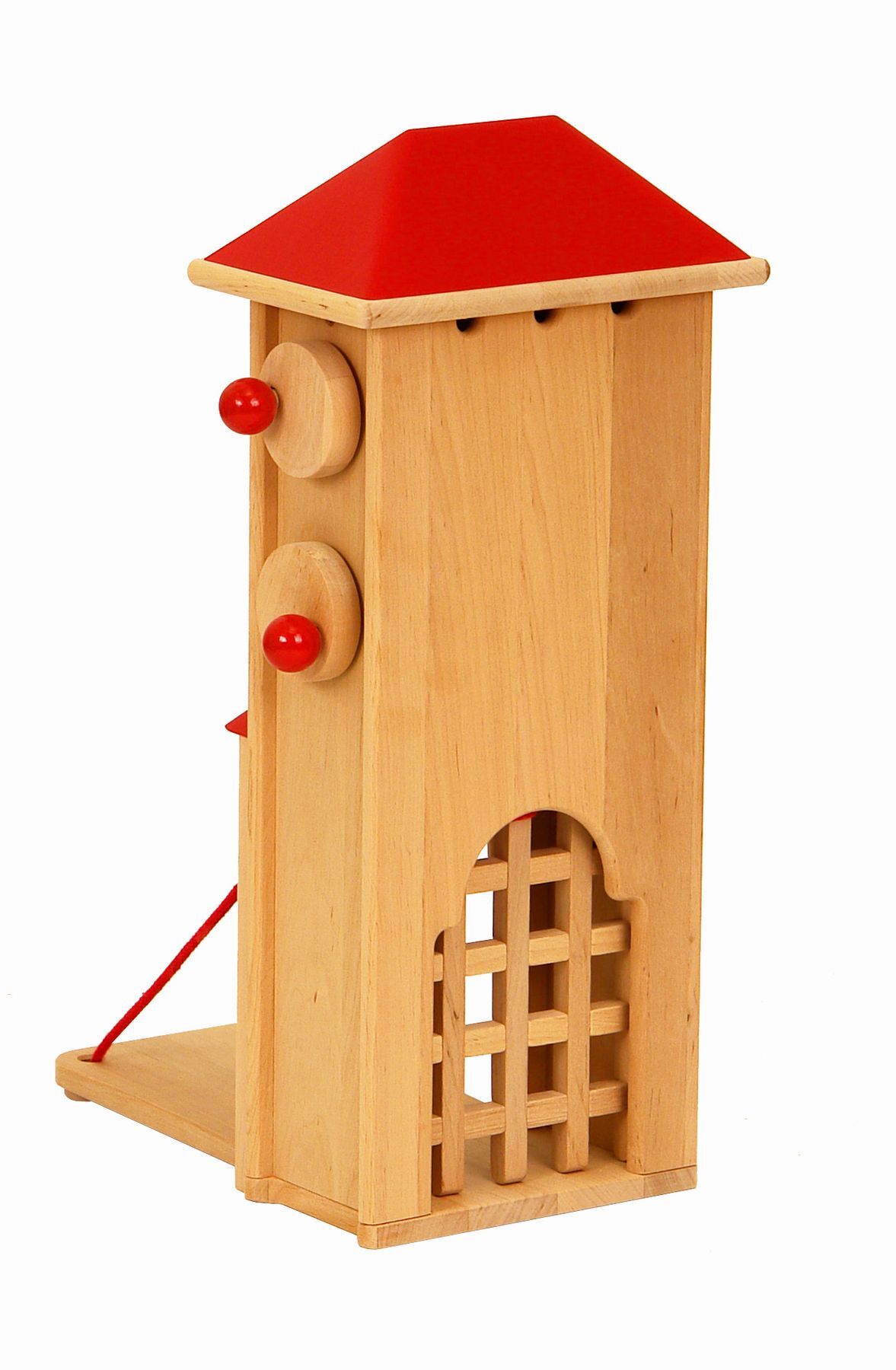 Holzfigur, Käfig, Vogelhäuschen, Holzhaus, rote Dachelemente, Zugbrücke Ritterburg von hinten