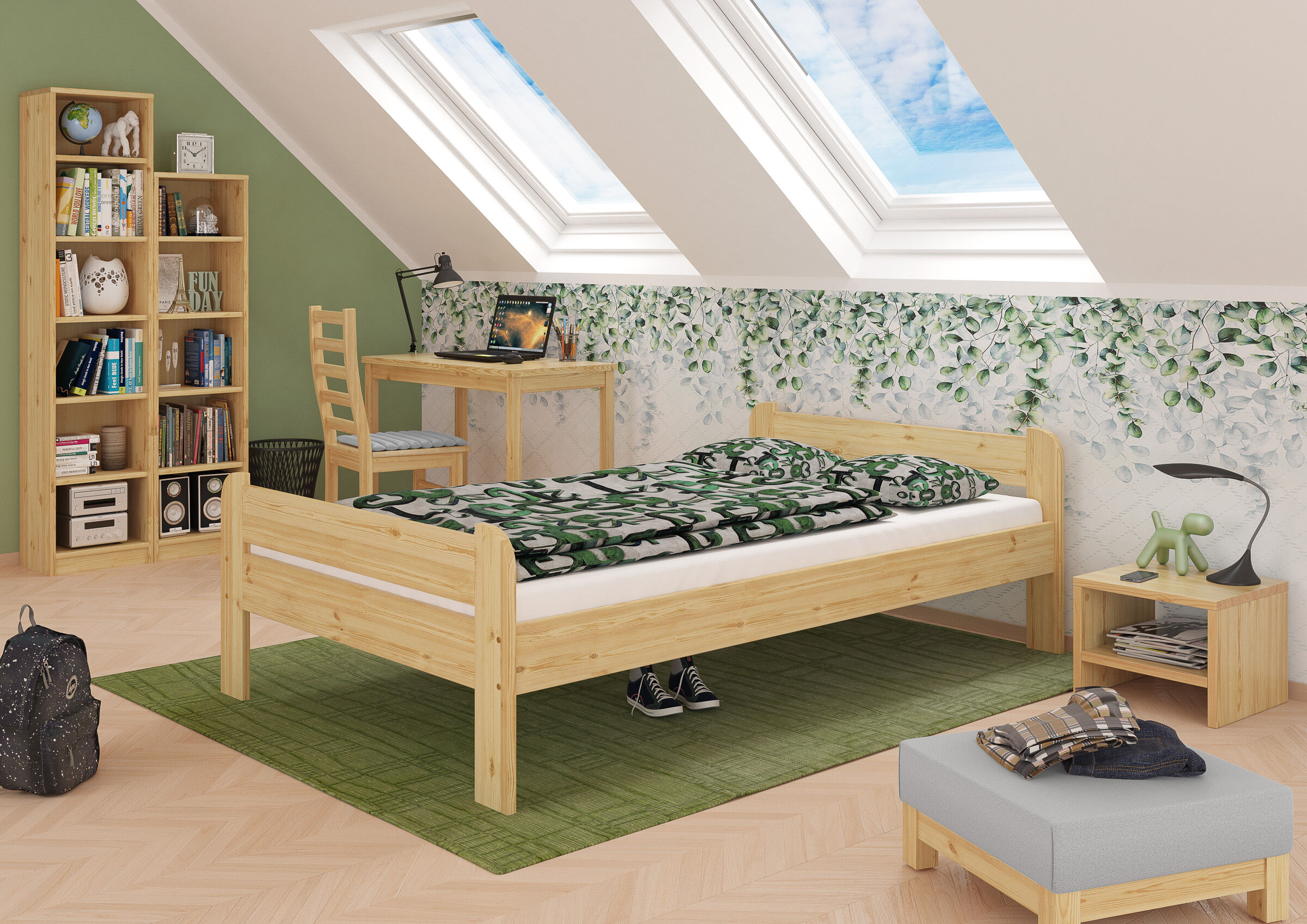 Kiefernbett, Holzbett, Grüner Teppich, Bücherregal, Schreibtisch, Jugendzimmer-Dachschräge modern