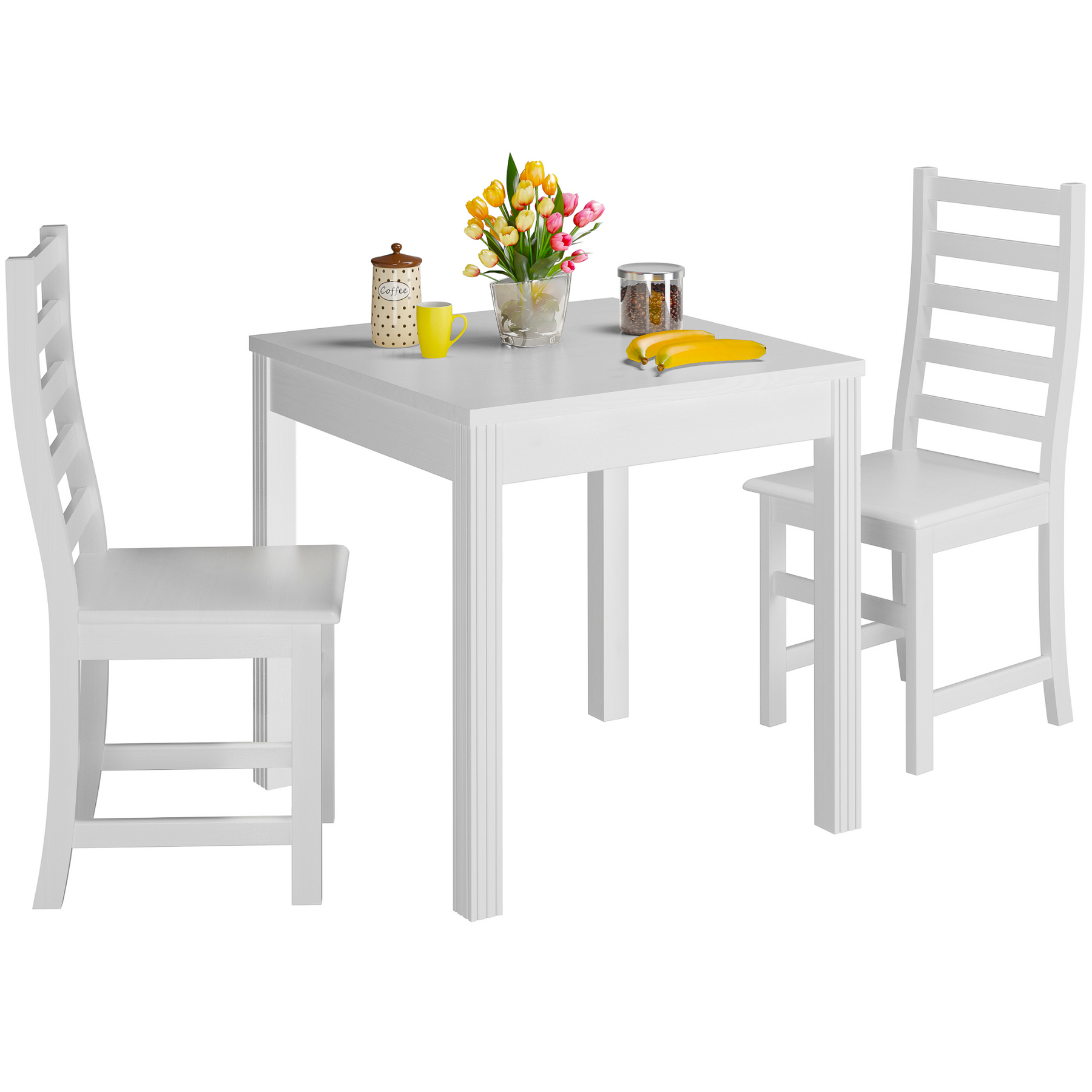 Tisch, Esstisch-Set, weißer Tisch, Holzstuhl, Küchenmöbel, Essgruppe aus massiver Kiefer mit Deko, Stuhlmodell 21, waschweiß lackiert, 75 x 75 cm, Tischbeine mit dekorativen Längsrillen