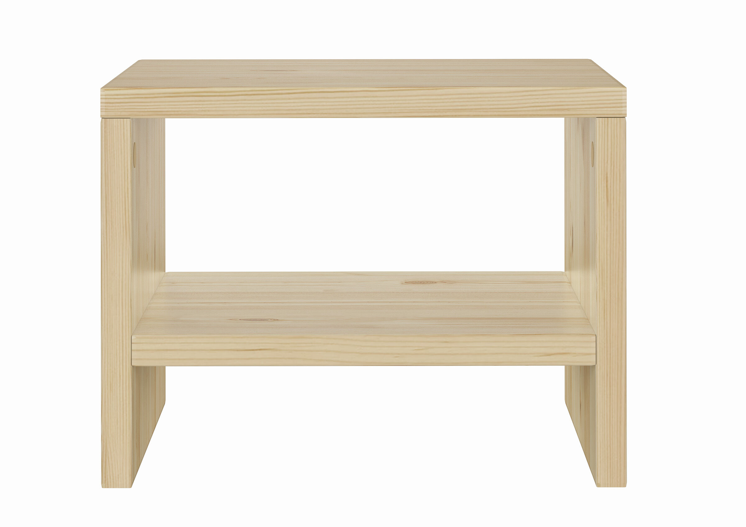 Holz-Tisch, Beistelltisch, Naturholz, zweistufig, Holzstuhl, Beistelltisch aus Kiefer mit 2 Ablagen