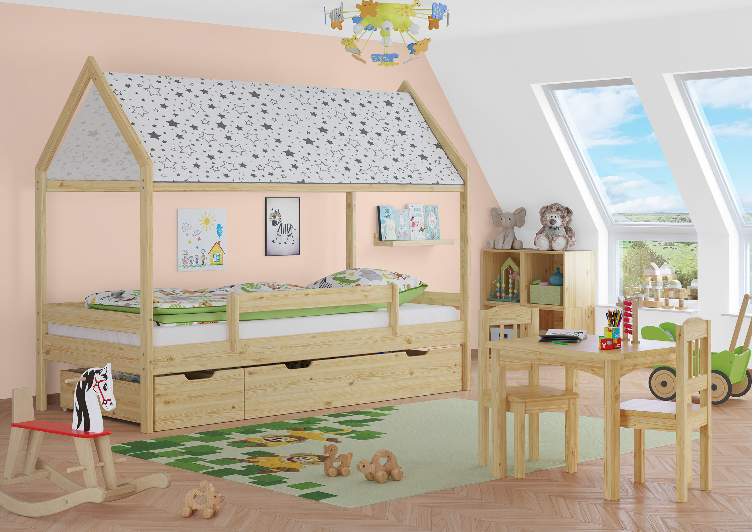 Kinderzimmer, Etagenbett, Holz, Kinderbett, Spielzeug, Kinderzimmer mit Sternenbett und 2 Bettkästen