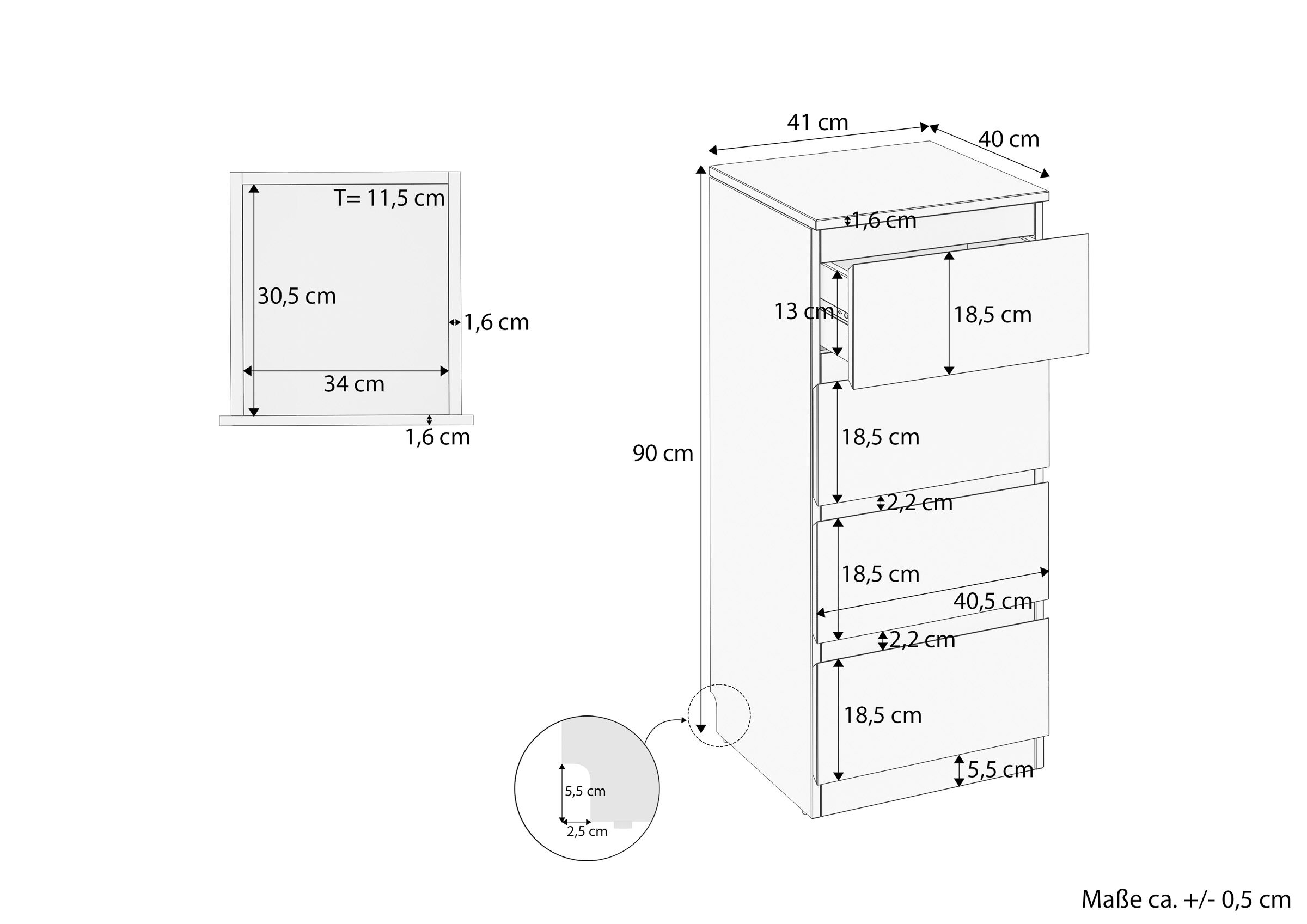 kleiderschrank, hängefachschrank, hängeschrank, kommode, drehtürenschrank, Maßskizze des schmalen Sideboards