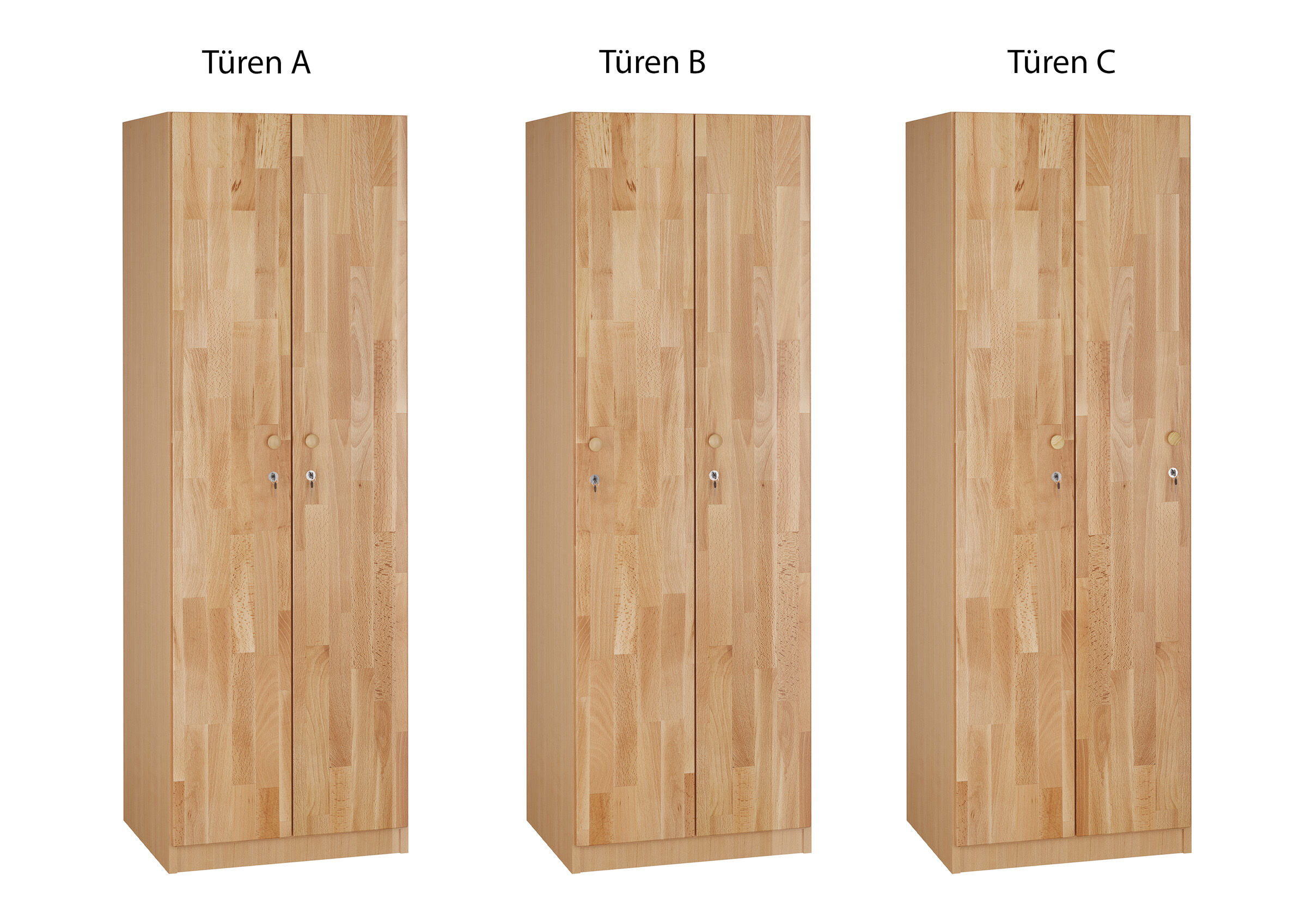 Kleiderschrank, Holz, Zweischrank, Massivholz, Türknöpfe, drei Möglichkeiten der Türmontage