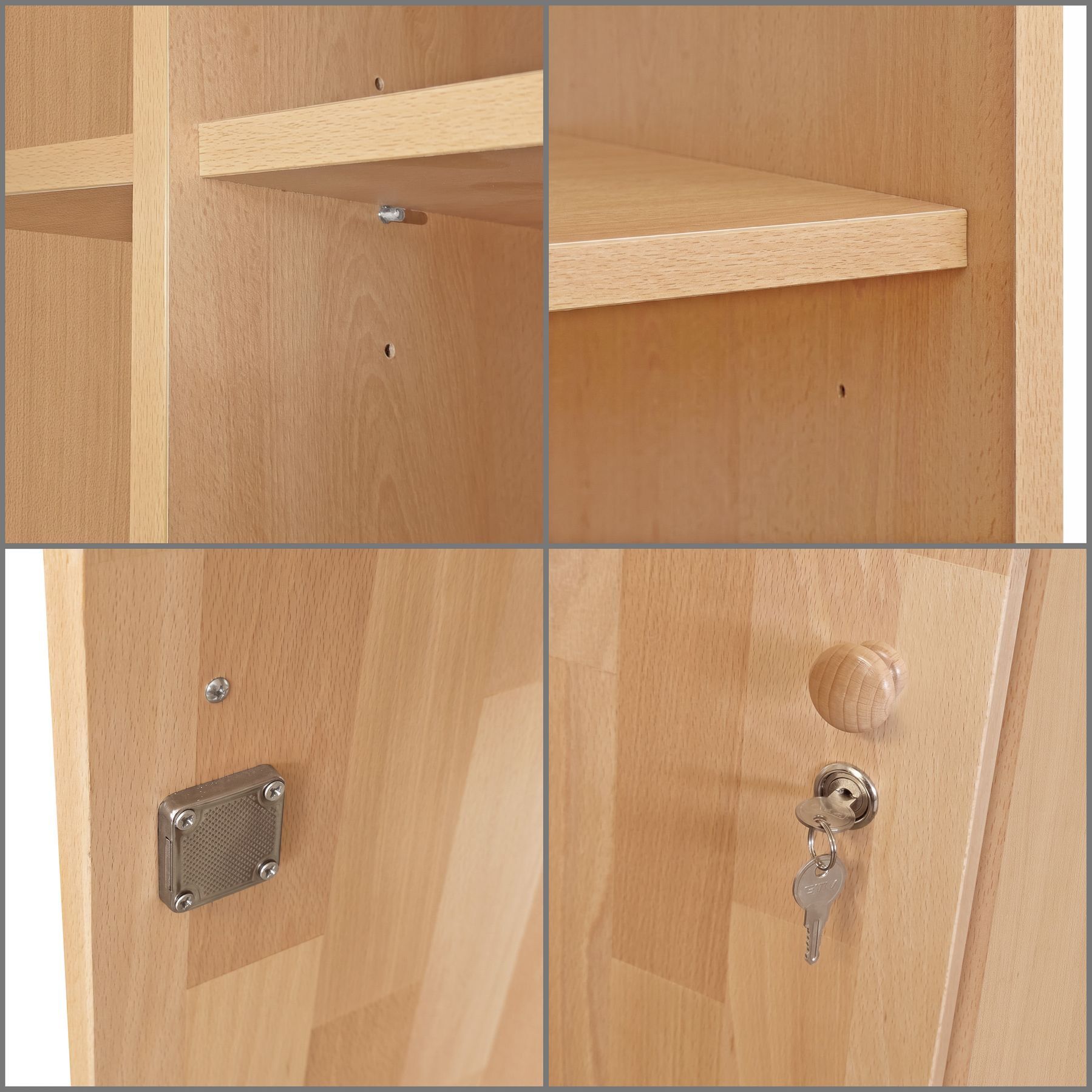 Holzschrank, Regal, Holzoberfläche, Schranktüren, Schloss/Schlüssel, Einlegeböden Spindschloss