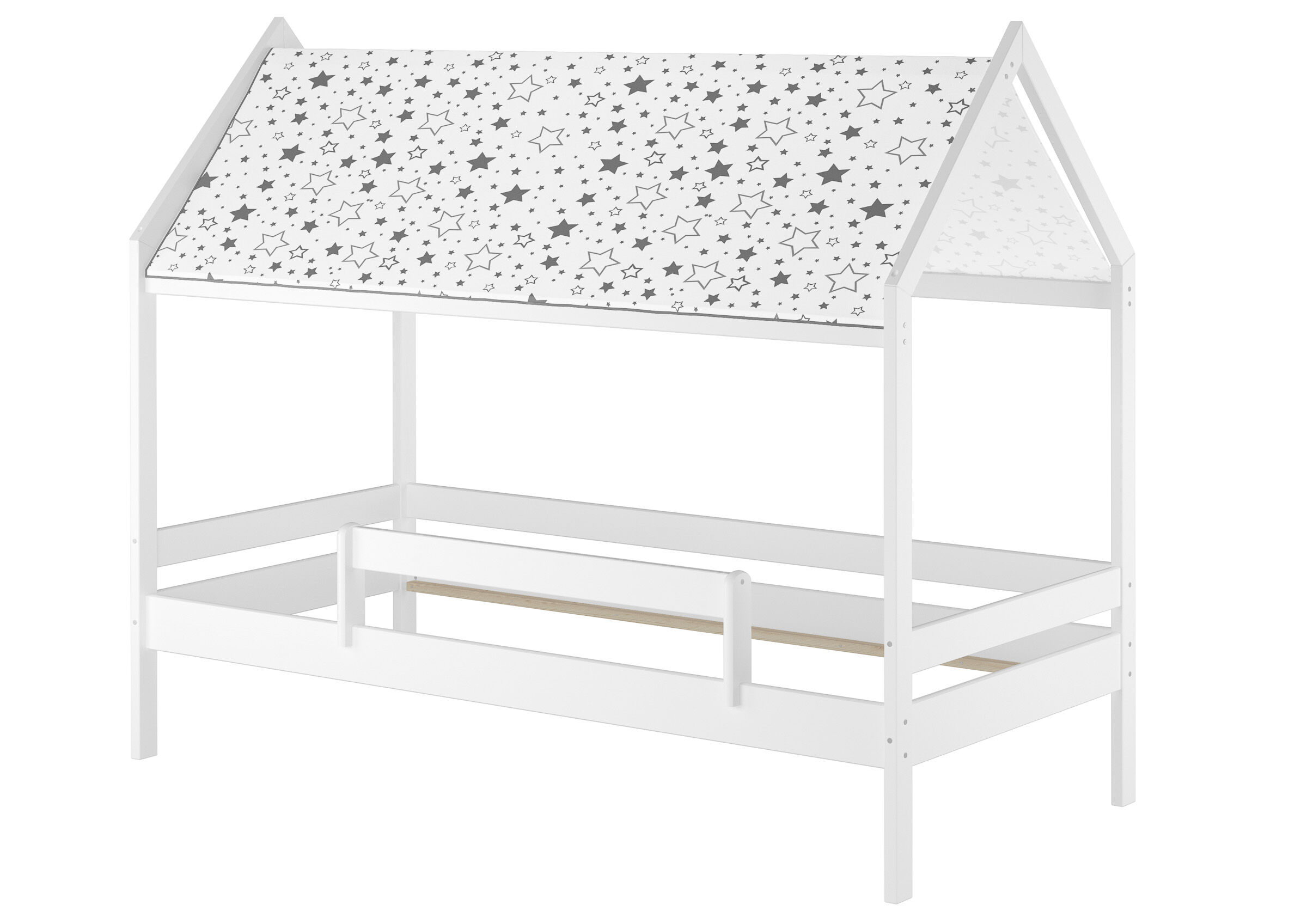 Kibord Bett, Kinderbett, Hochbett, Sterne Muster, Weiß, Spielbett mit Sternendach Kiefer waschweiß