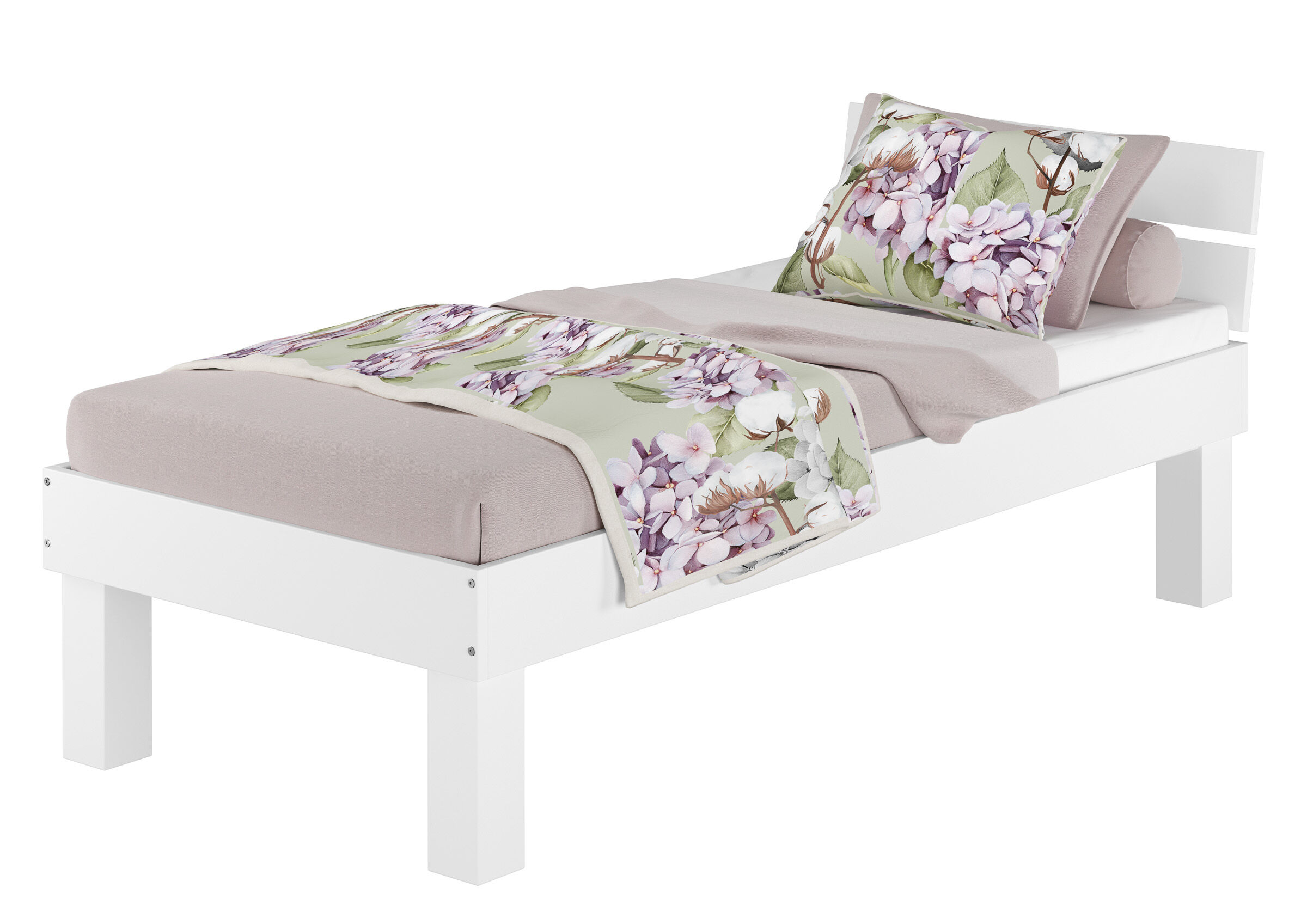 Einzelbett, Holzbett, weiß, Blumenkissen, Floral-Decke, Klassisches Vollholzbett 90x200