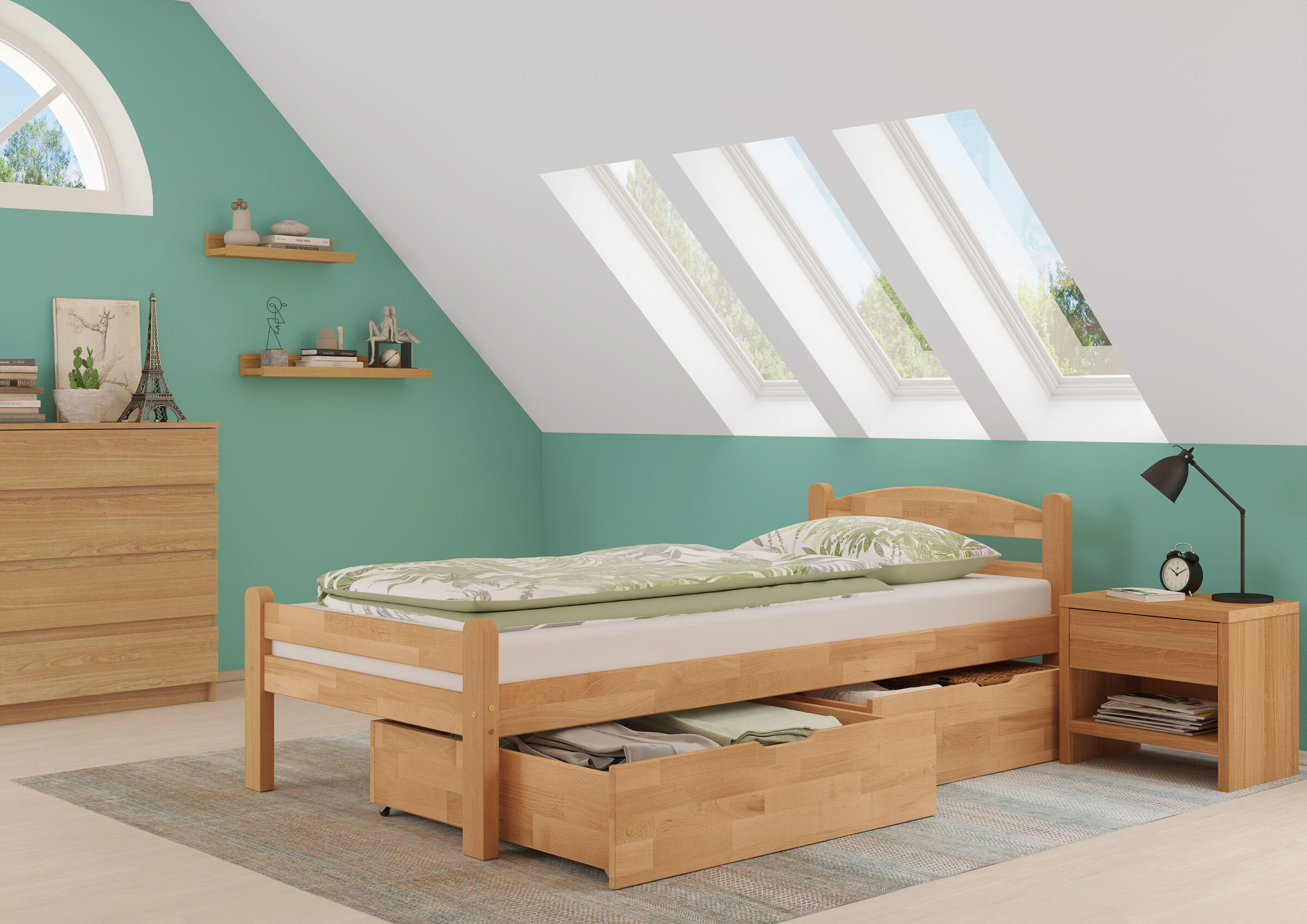 Holzbett, Kinderzimmer, Aufbewahrungsschublade, Skandinavisch, Bettkasten, Stabiles Holzbett mit zweigeteilten Bettkasten