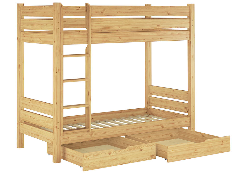 Holzbettrahmen, Hochbett, Schubladen, Leiter, Naturholz, Holz Etagenbett mit 2 Schubladen