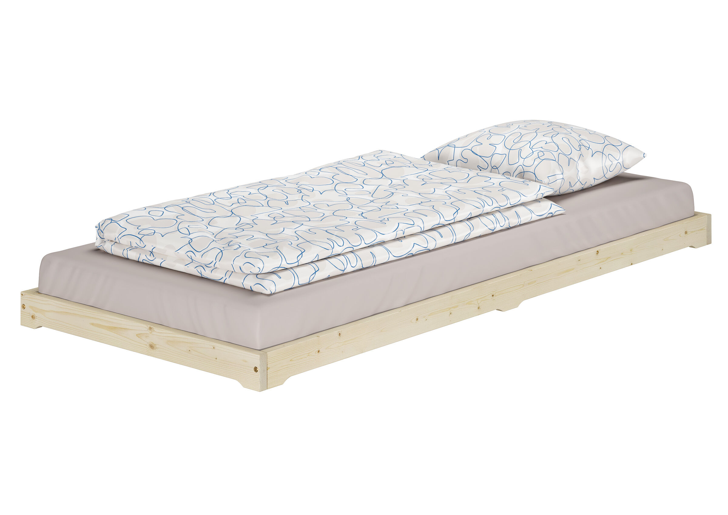 Niedriges Bett, Holzrahmen, Matratze, Daunendecke Set, Gemustertes Blatt, Unbehandeltes Einzelbett 90x200 extra Niedrig