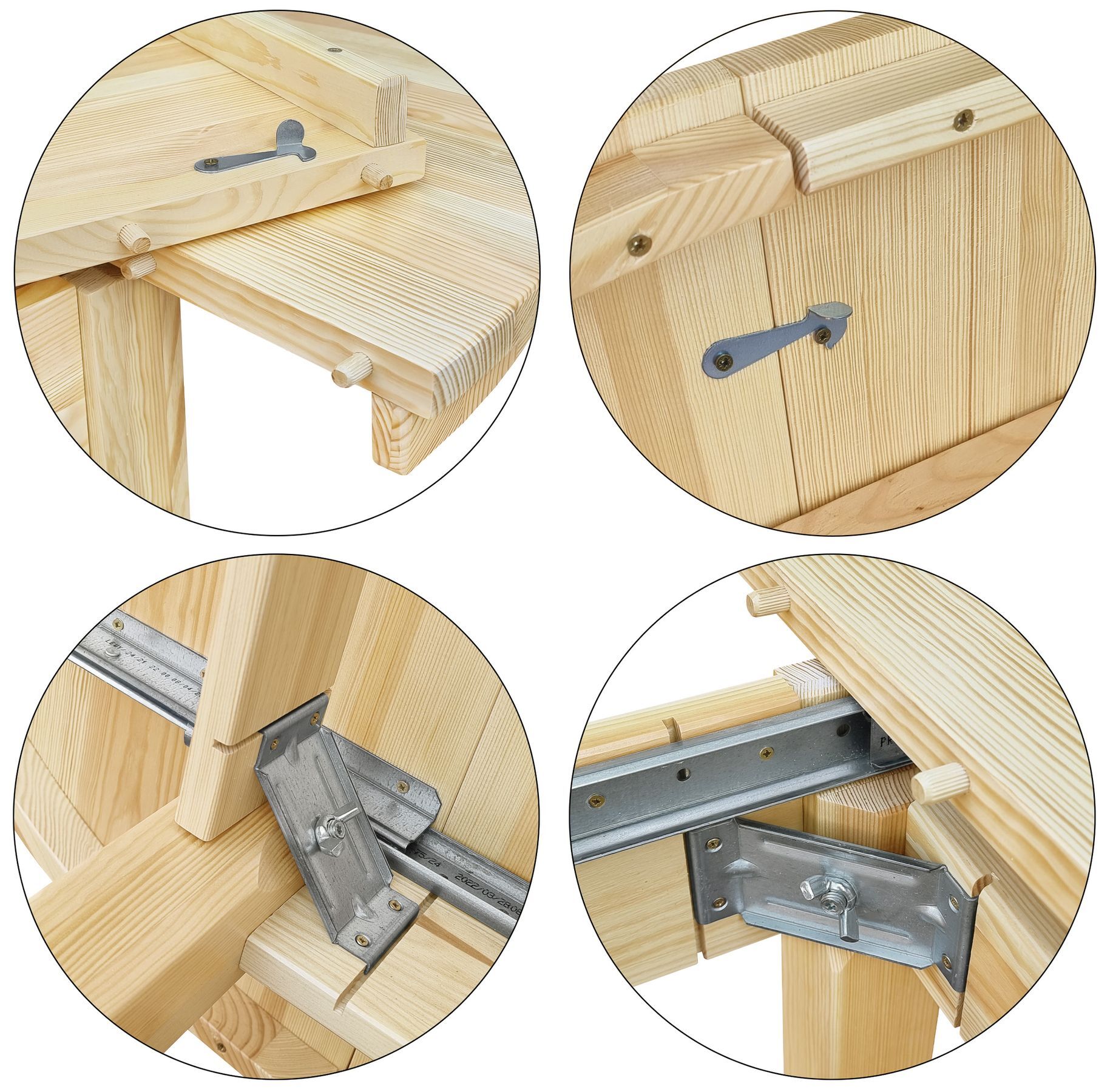 Holzwerkbank, Holztable, Scharnier, Klemmanschlag, Schraubverbindung, Zarge und Sicherung des Esstisches im Detail