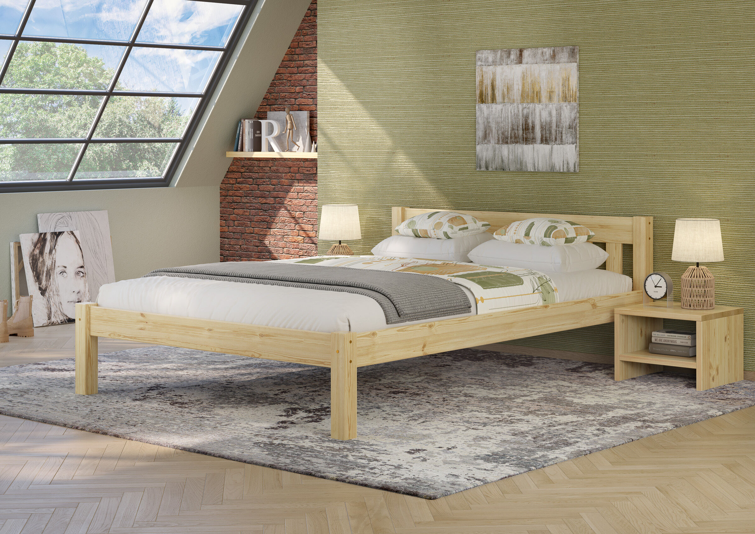 bett, holzbett, bettgestell, doppelbett, nächteTisch, Zimmerbild des Massivholzbettes 140x200