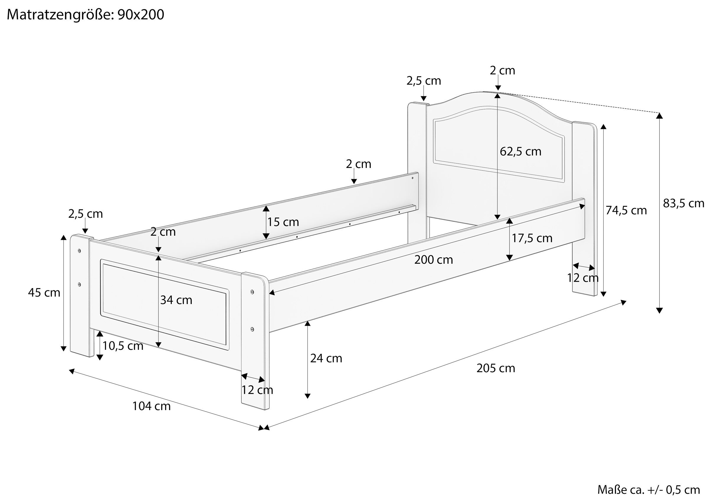 Juniorbett, Einzelbett, Holzbettrahmen, Bettkorpus, Maße 90x200, Maße des Vollholzbettes 90x200