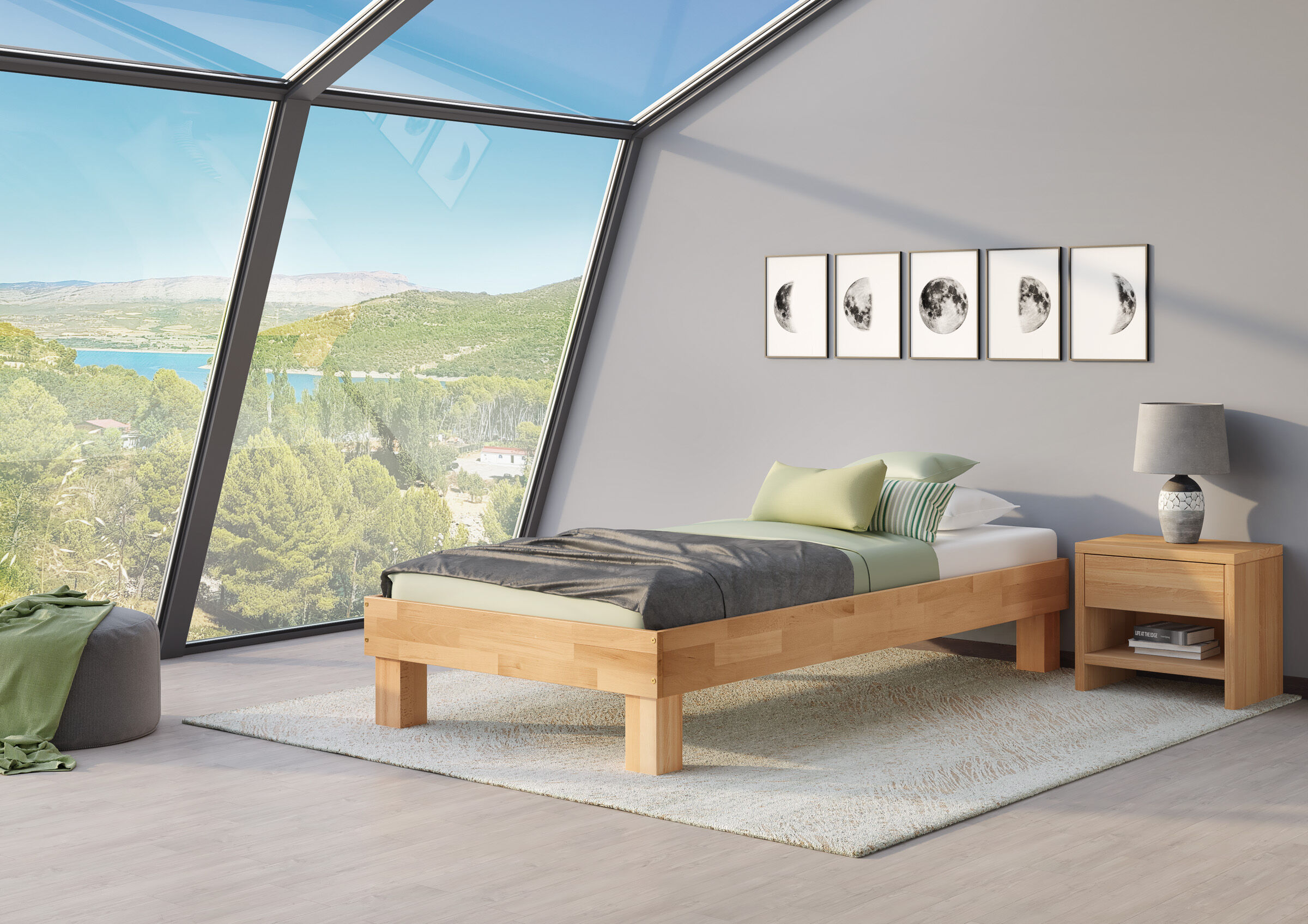 Innenarchitektur, Bett, Mobiliar, Lampe, Teppich, Zimmerbild mit Buchebett und Nachttisch