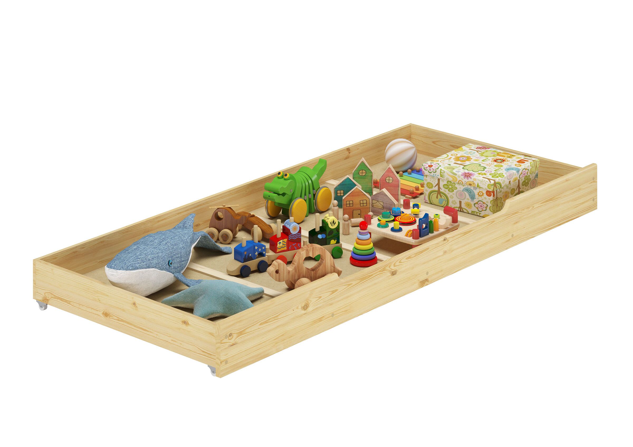 Holzspielzeug, Kinderbauspielzeug, Sortierspielzeug, Waldorf-Spielzeug, Stapelspielzeug, Bettlade Kiefer