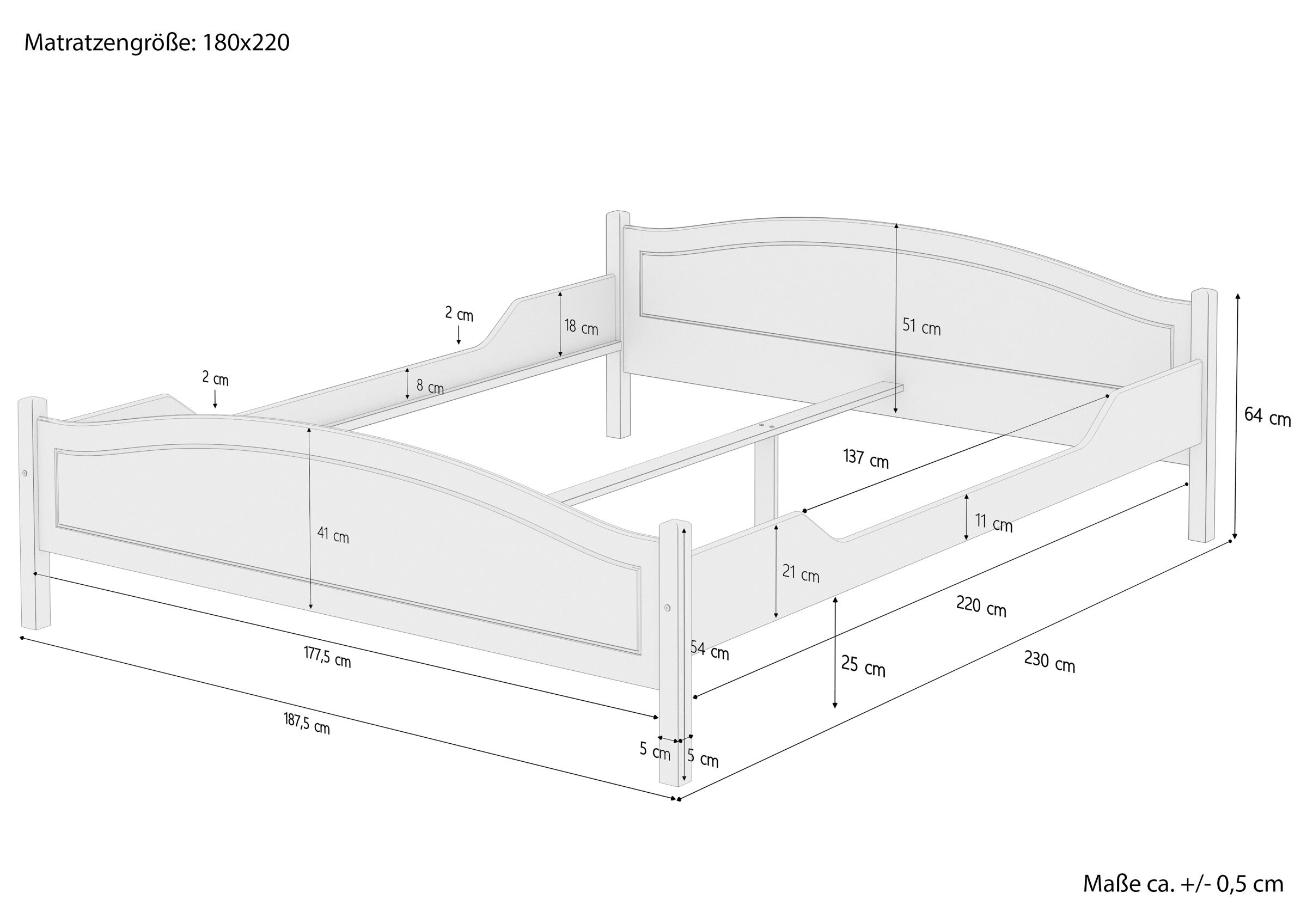 Bettgestell, Holz, Kiefer, Doppelbett, Bettmaße, Maßskizze