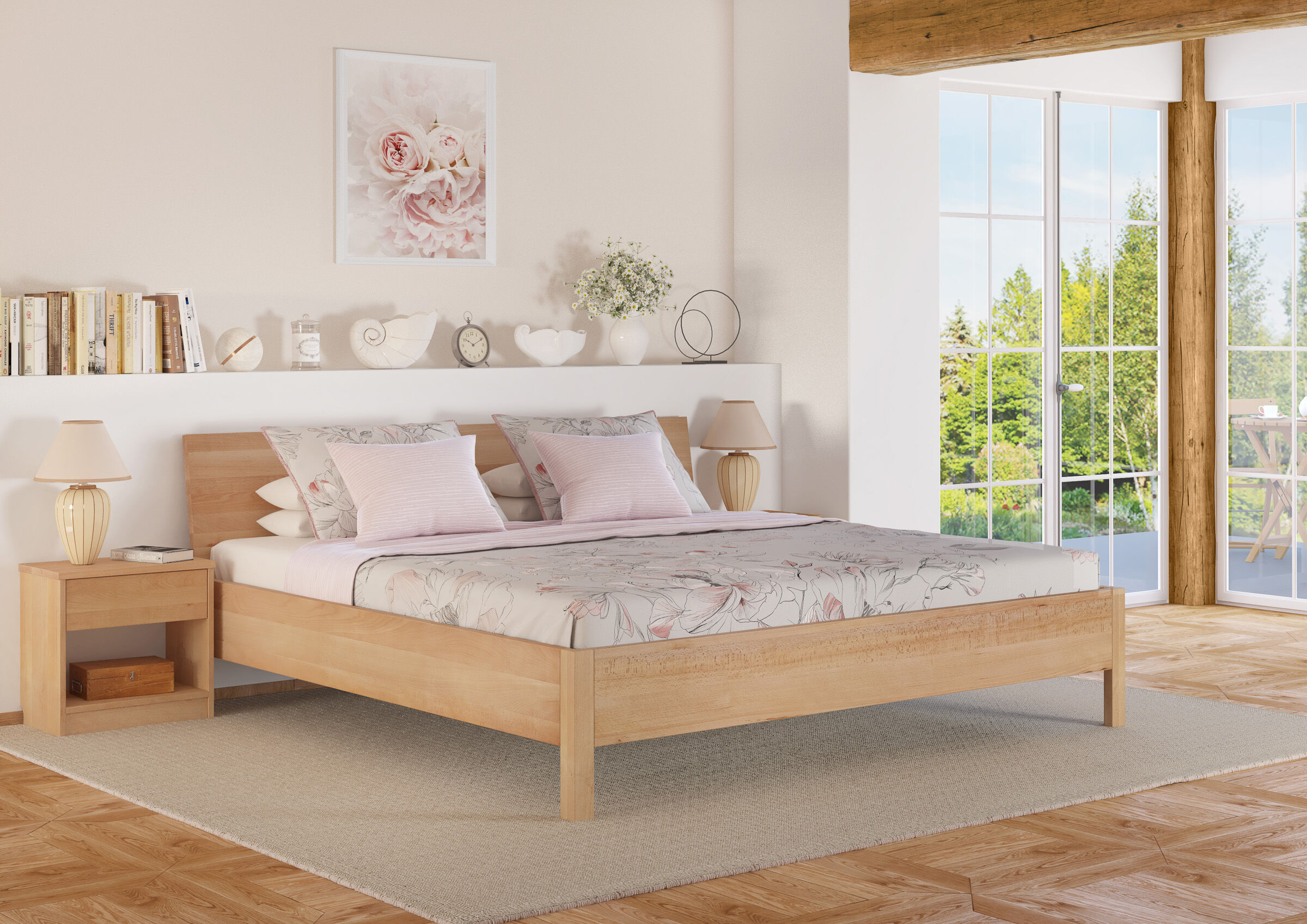 Bettt, Holzbet, Bettgestell, Bettwäsche, Wandbild?,