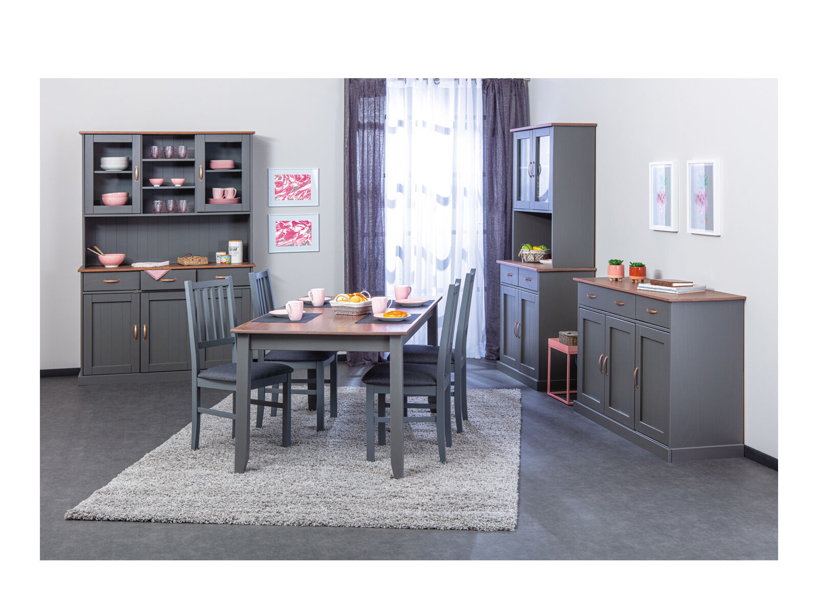 Esstisch, Küche, Stoffstuhl, Grau, Schrank, Esszimmer mit grauen Möbeln