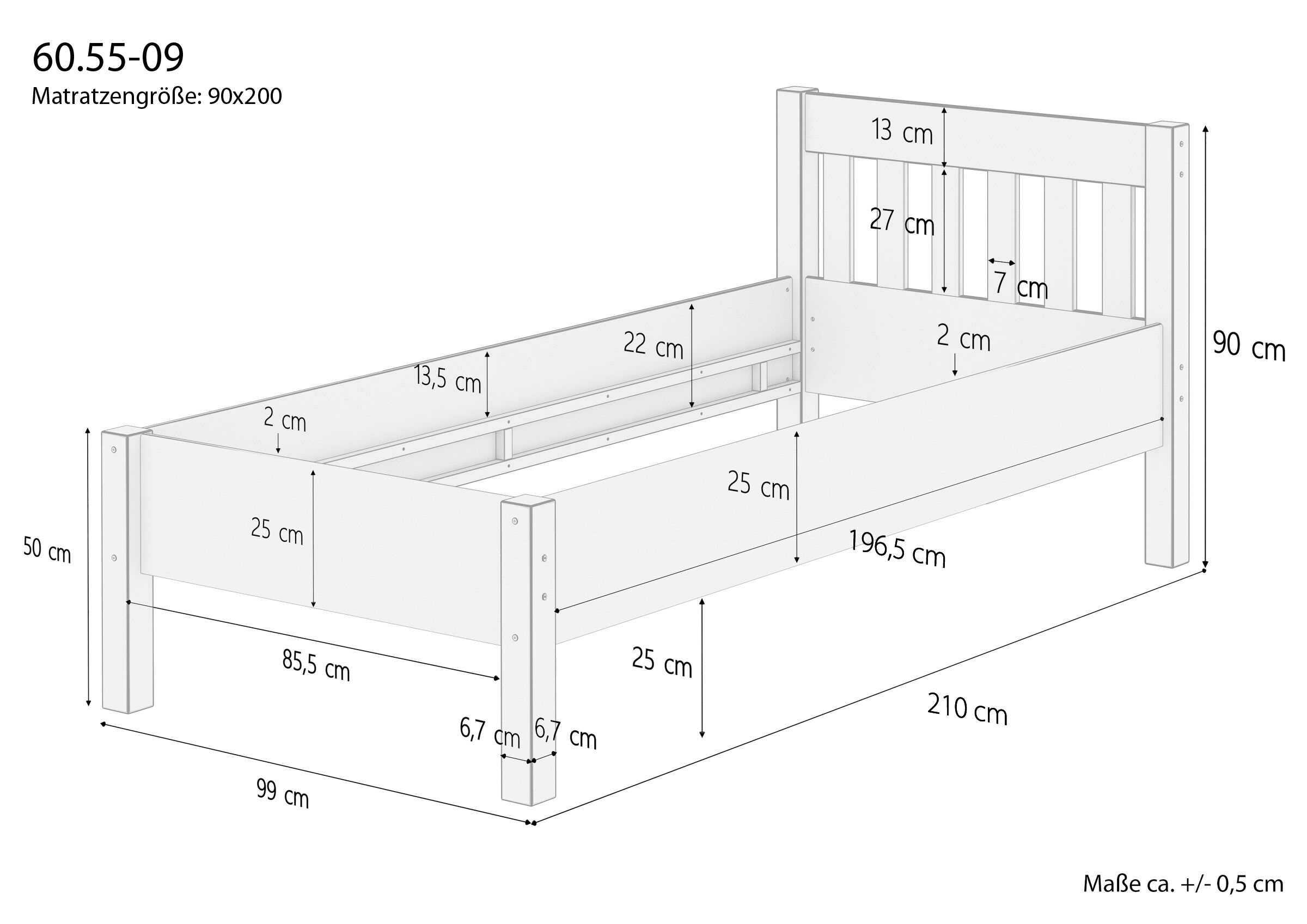 Kinderbett, Holzbett, Einzelbett, Matratze 90x200, Skizze, Skizze mit Maße Seniorenbett