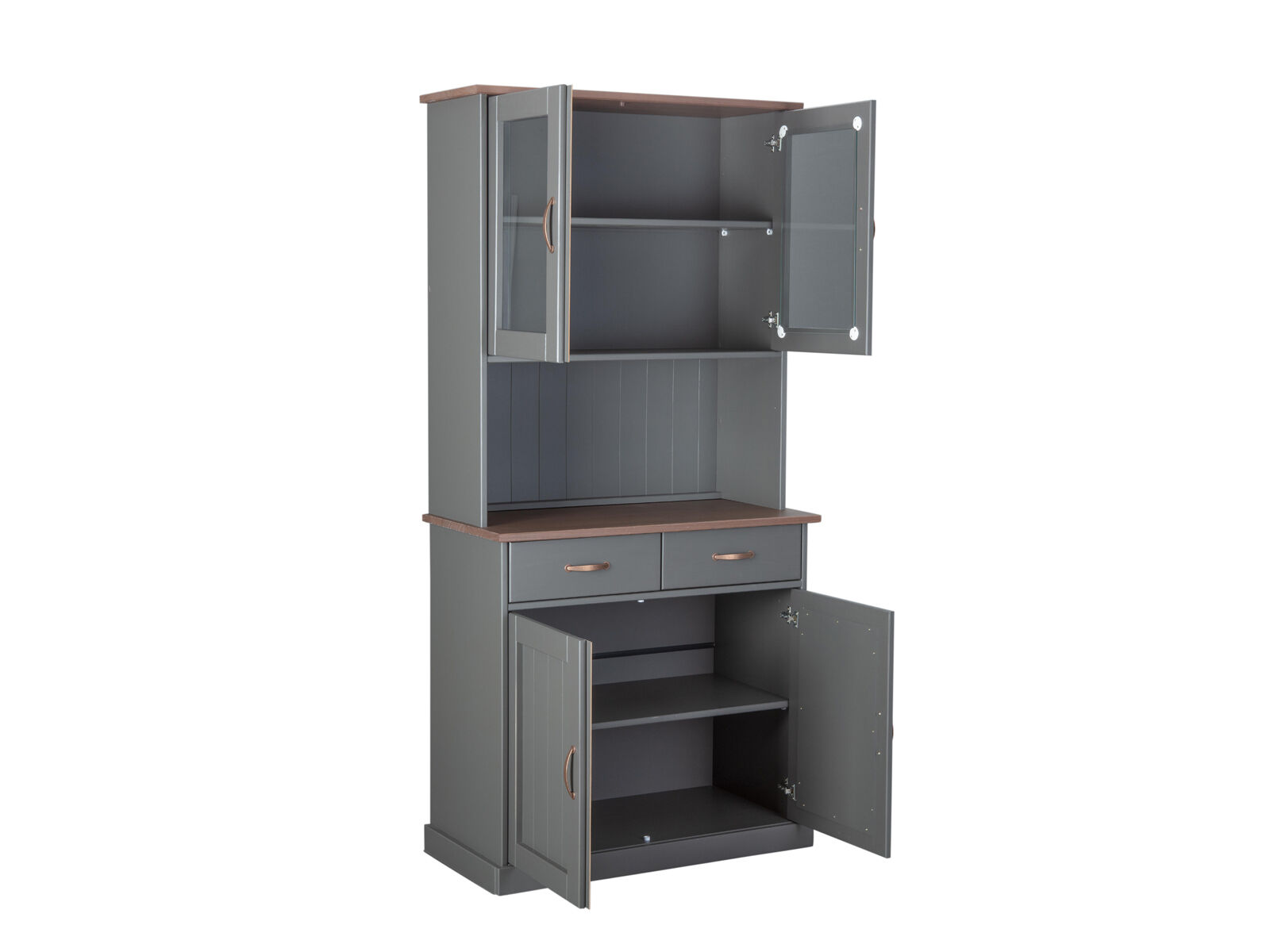 Küchenschrank, Hängeschrank, Schrank mit Türen, Schubladen, Graue Dekorfarbe, graue Vitrine mit 2 Türen und 2 Glastüren