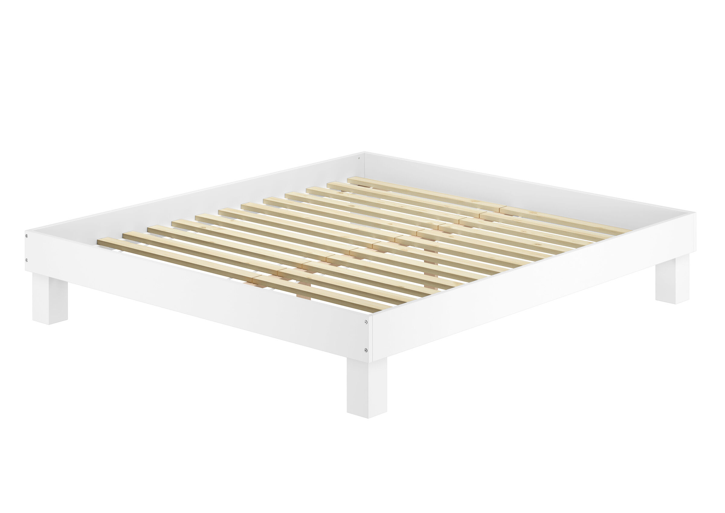bettgestell, holzbalken, weiß, holzlatten, rahmen, Edles Ehebett 200x200 ohne Kopflehne mit 2 Rollrosten