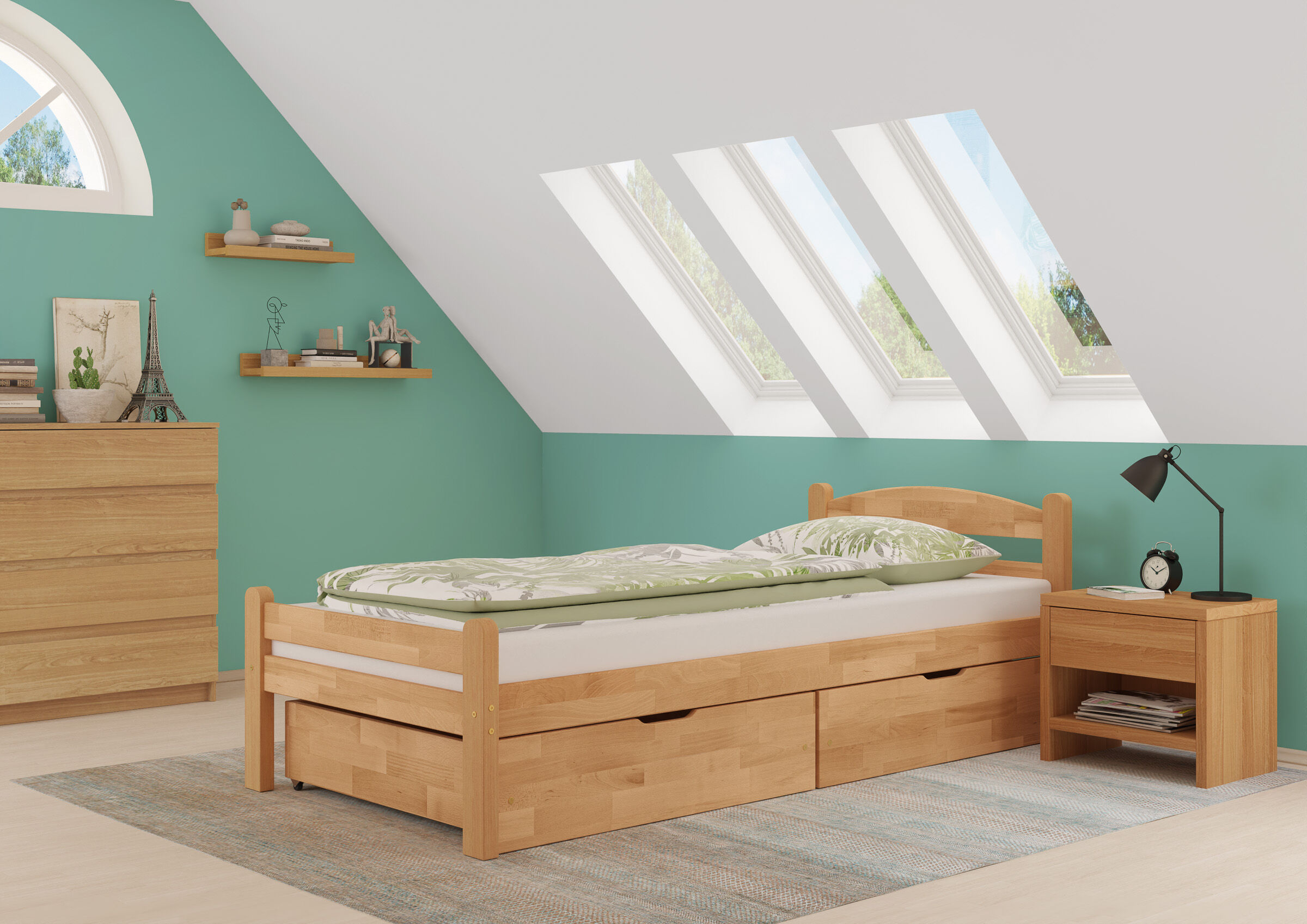 Lampe, Bett, Dachboden, Fenster, Innenarchitektur, Zimmerbild des Bettes mit zwei geteilten Schubladen aus Buche