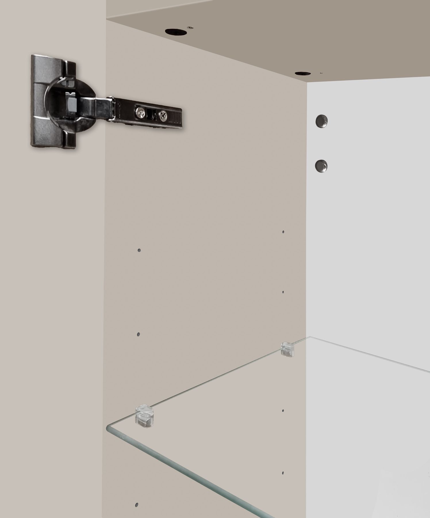 Schranktür, Scharnier, Holzschrank, Glasablage, Metallbeschläge, Schrank für das Bad hängend Kiesel