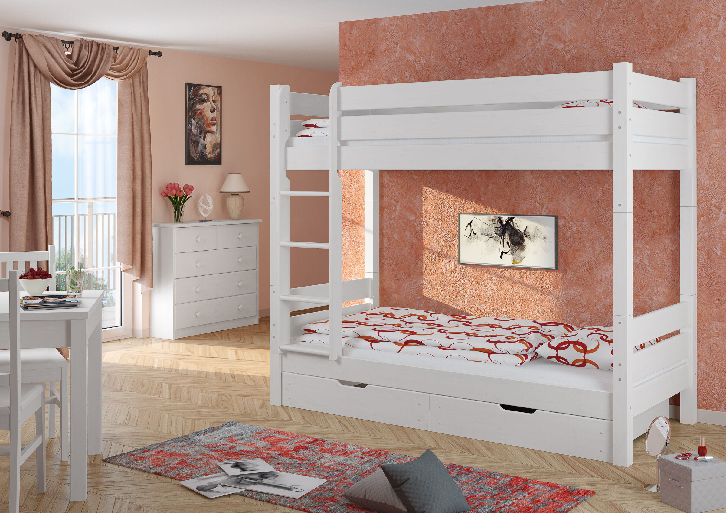 Hochbett, Holzbett, Weiß, Schubladen, Muster: Kreis/Ornament, Schlafzimmerbild Etagenbett Kiefer weiß