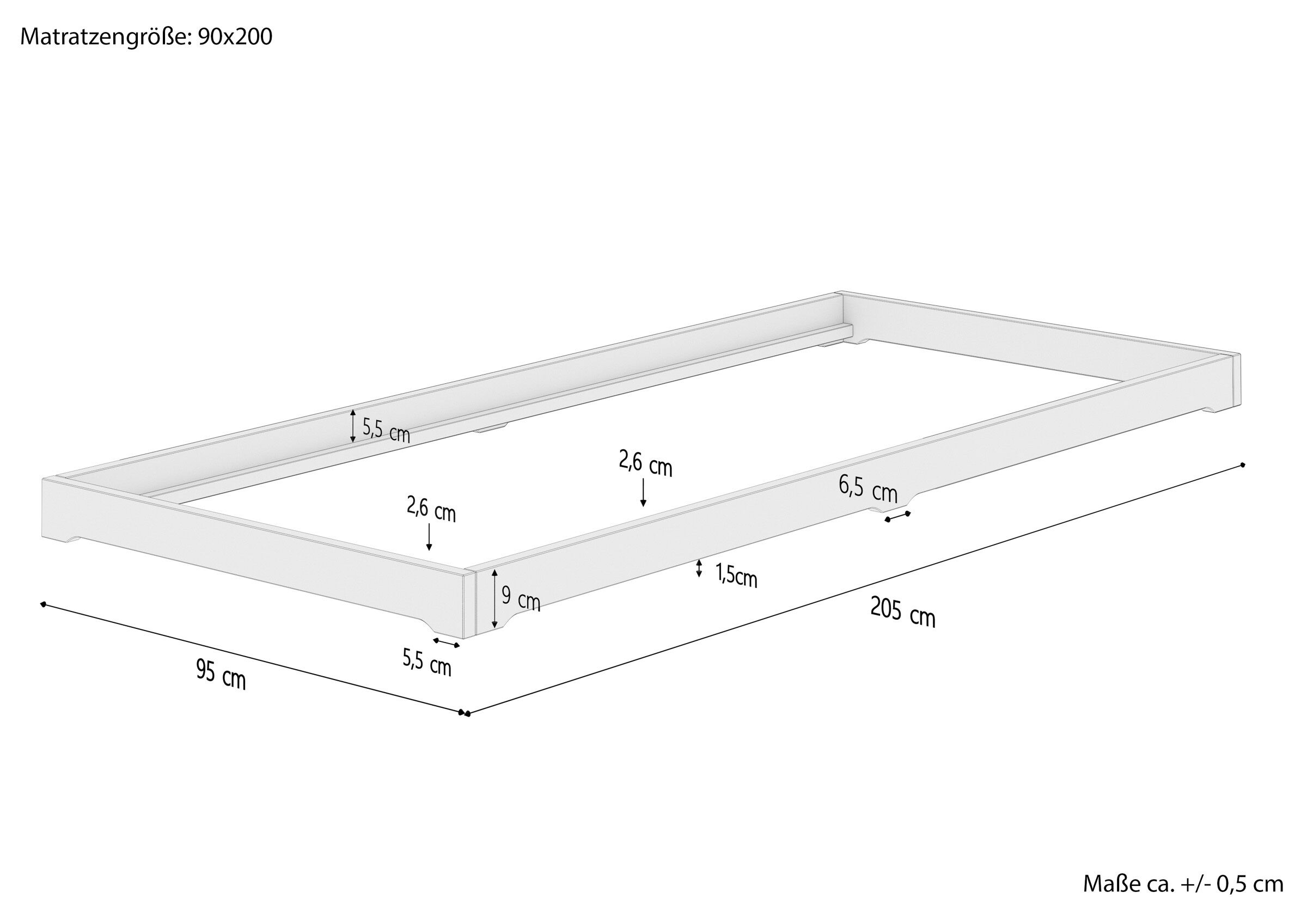 Bettrahmen, Bettkasten, Matratzensystem, Holzrahmen, Kammerbettunterbau, Maßskizze Massivholzbett 90x200 cm