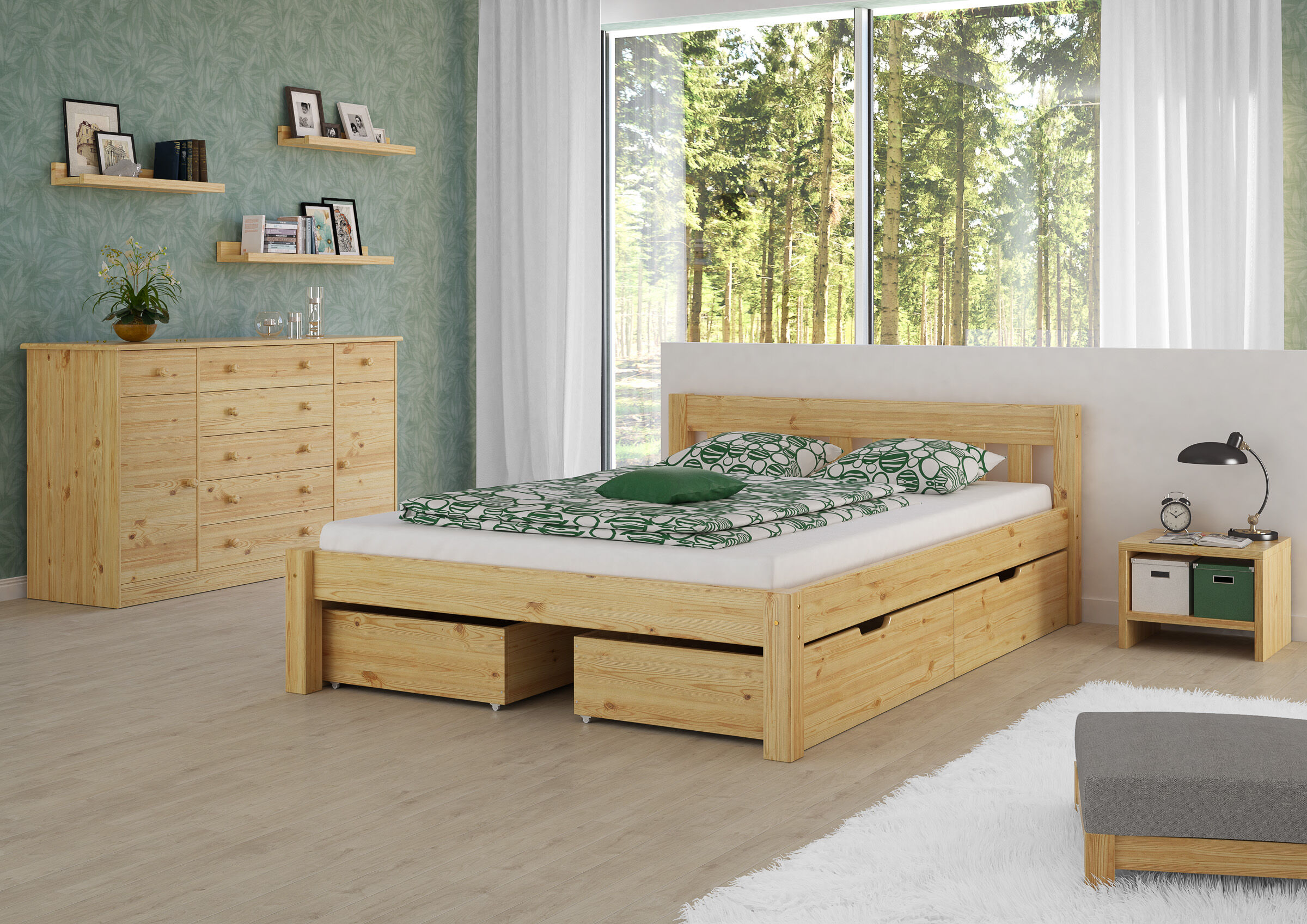 Bett, Holzbett, Kiefernholz, Schubladebett, Grünes Muster, Schlafzimmer mit Ehebett und Bettkästen Kiefer natur