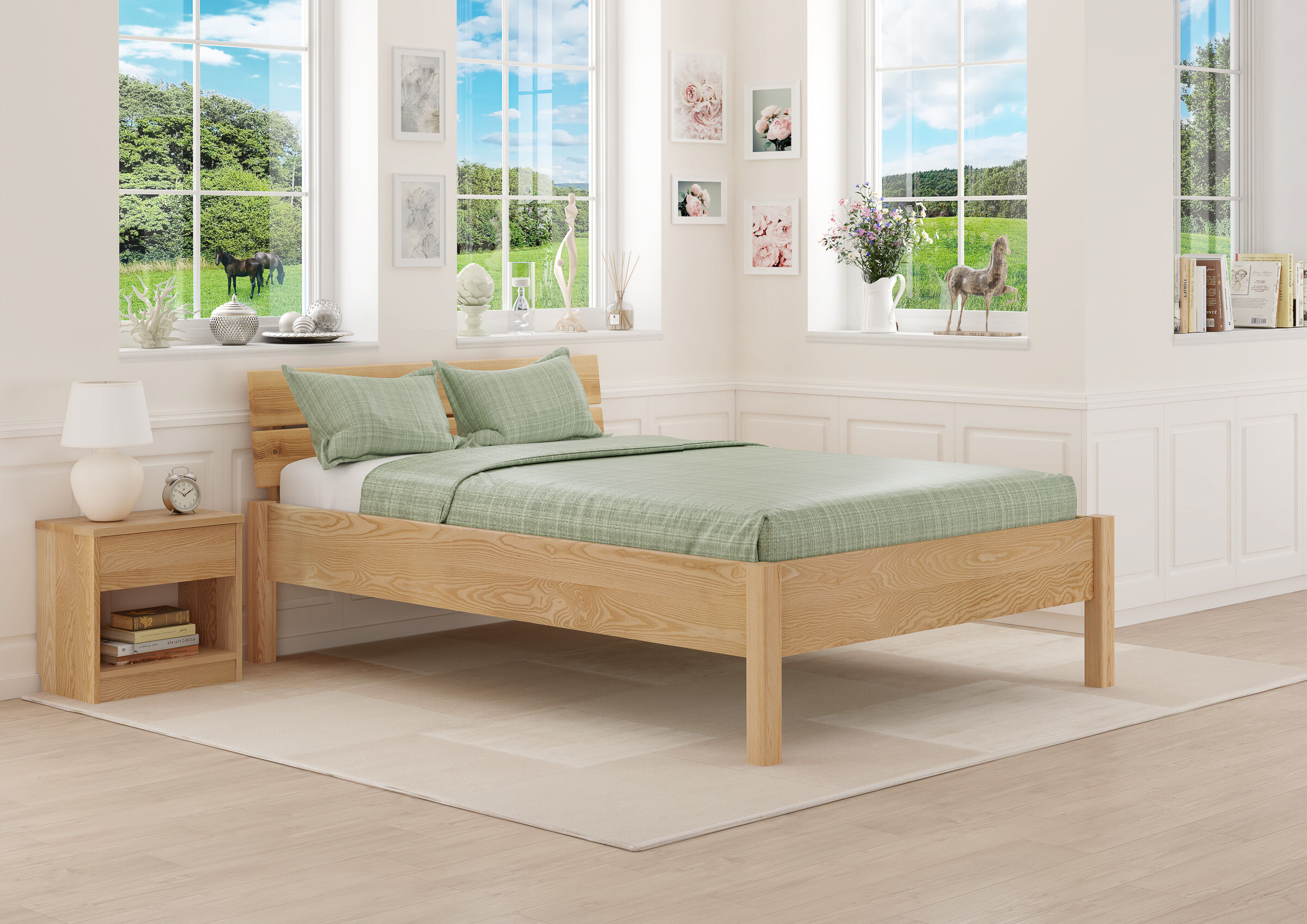 bett, holzbettrahmen, grün, bettwäsche, nachtisch, Bett ohne Metall aus Holz 140x200