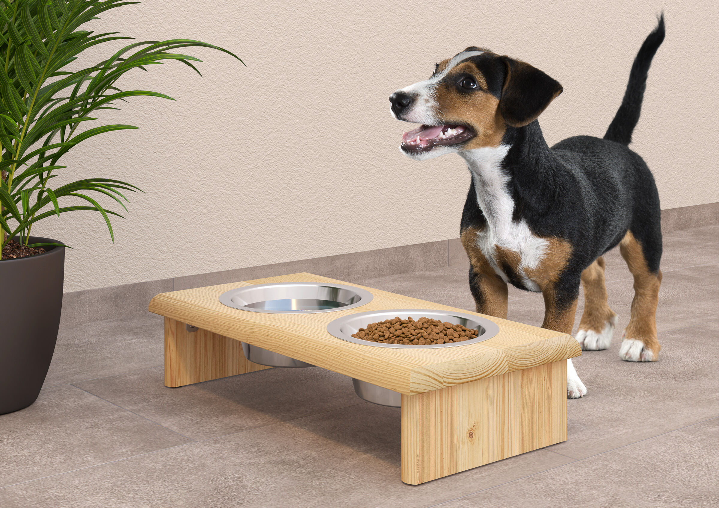 hunde fressnapf, metall-fressnapf, holzfutterstelle, jack russell look-alike, tierbedarf fressnapf, Holzhalter aus Kiefer mit 2 Edelstahl Näpfe