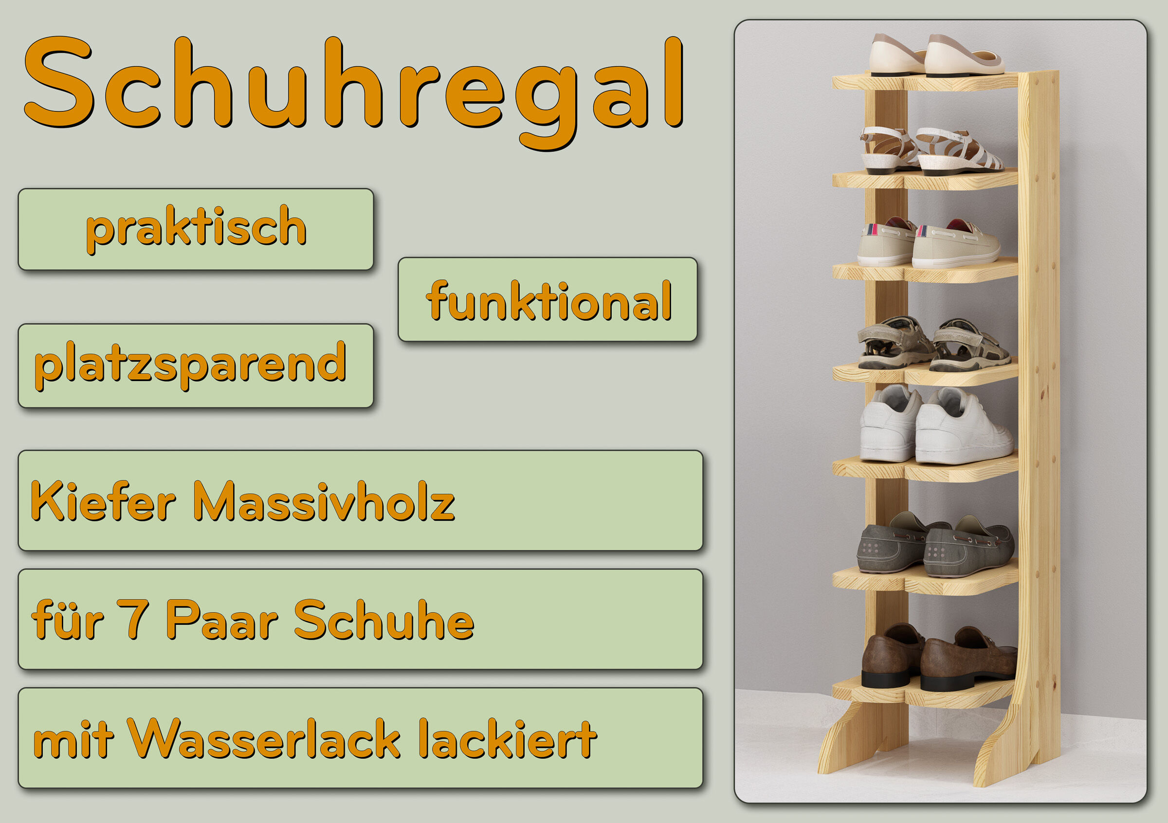 Schuhregal, Massivholz, Kiefer, 7 Paar Schuhe, lackiert, Hauptmerkmale der Holzablage mit 7 Fächer