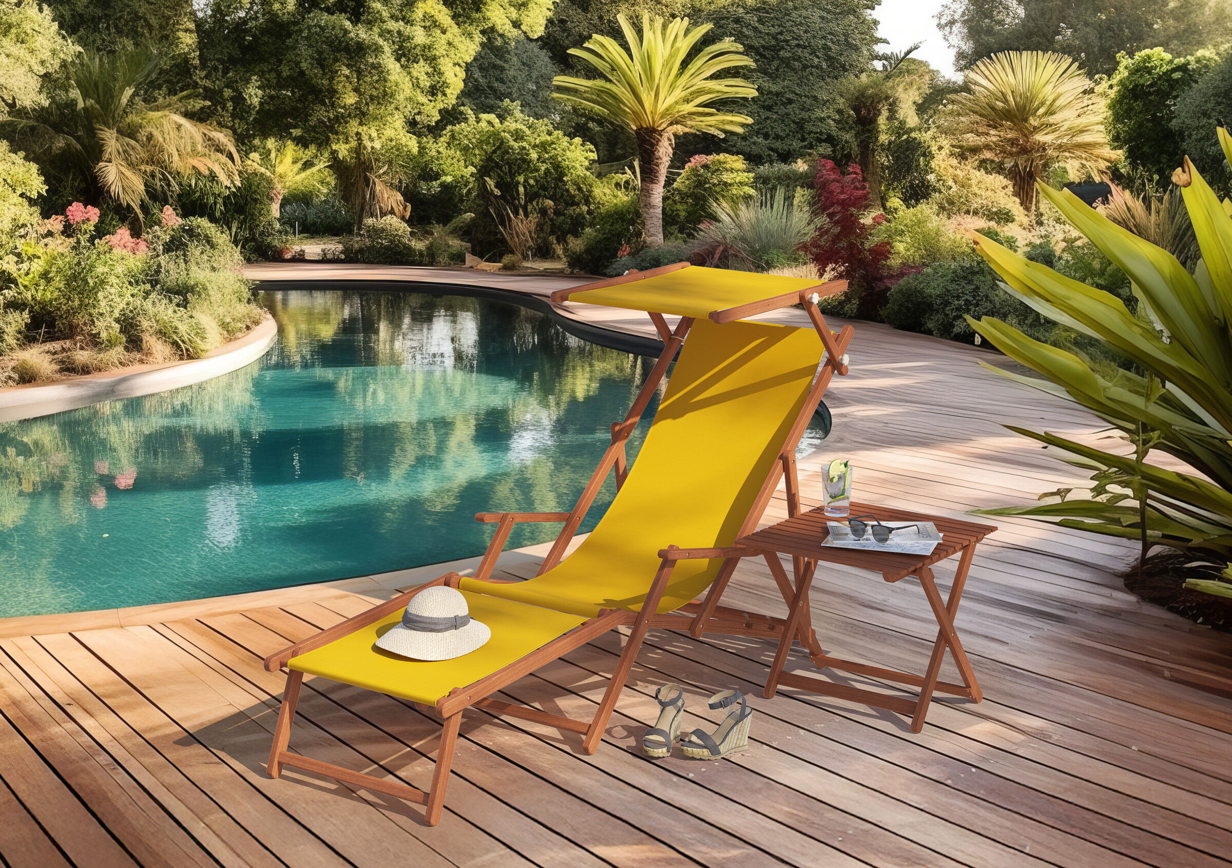 Sonnenliege aus Buche Dunkel mit Sonnendach und Fußteil Schwimmbad, Veranda, Sommer, Deck, Gartenliege mit Sonnendach und Fußteil Stoff Farbe gelb