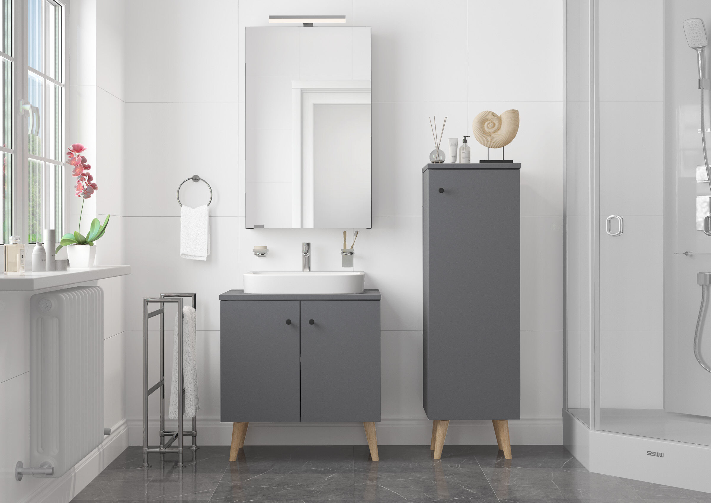 Badezimmermöbel, Waschtisch, Spiegelschrank, Waschbecken, Duschkabine, Badezimmer Set