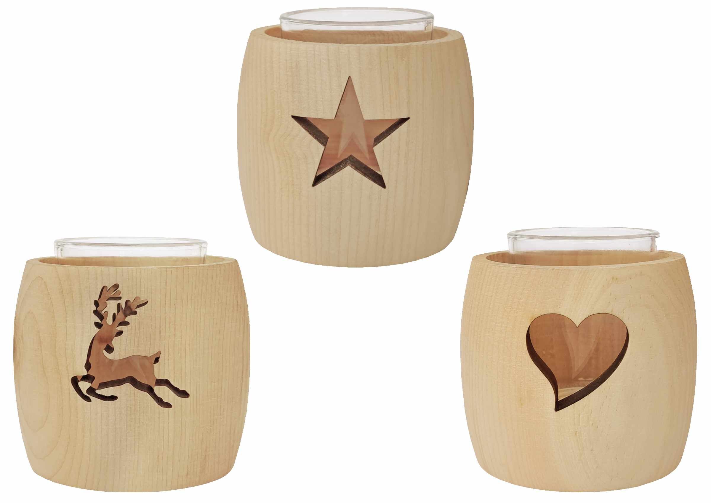 Krug, Töpferei, Dreierset Zirbenholz-Windlicher mit Auschnitt Stern, Hirsch und Herz