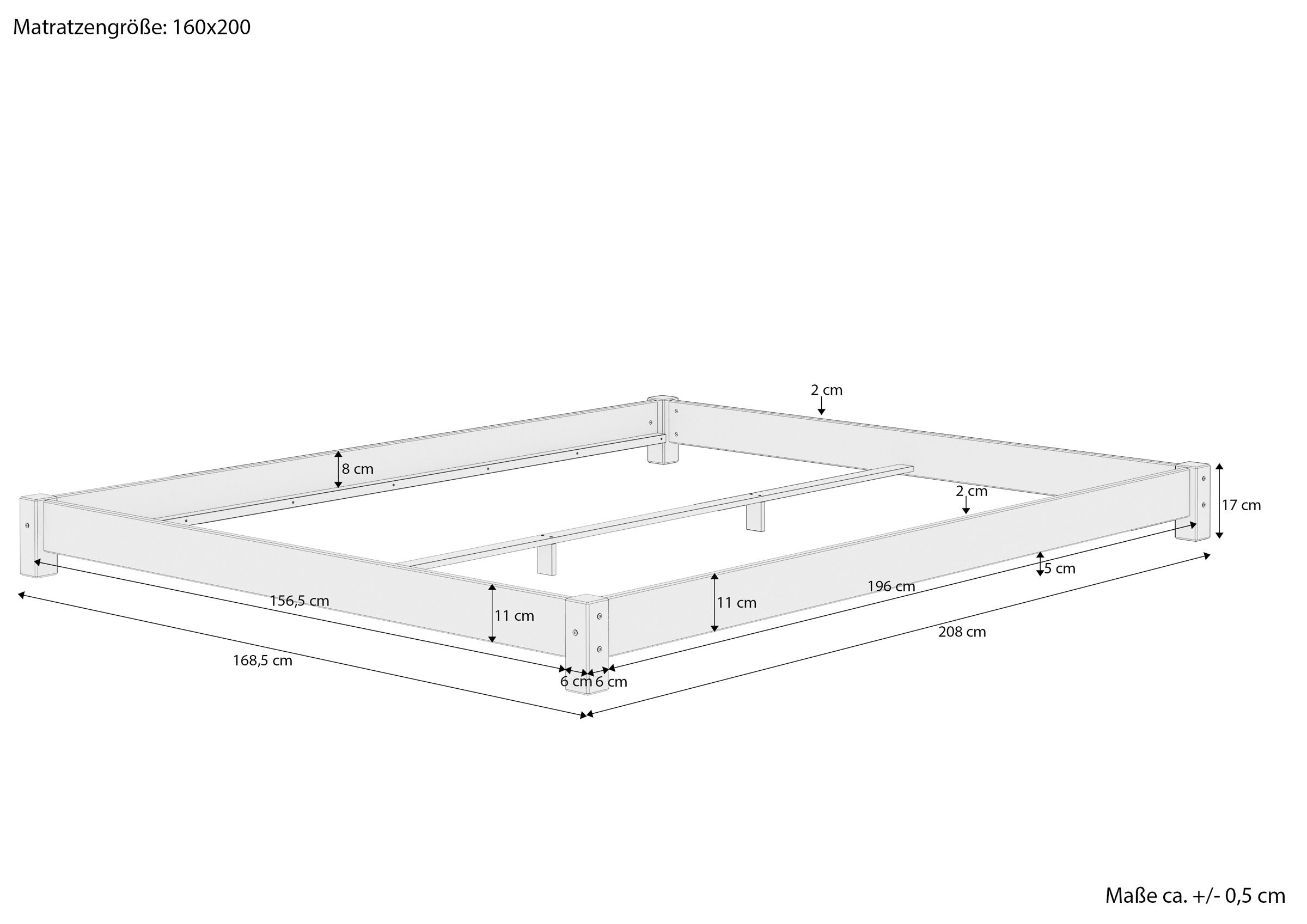 Massskizze des Doppelbettes 160x200