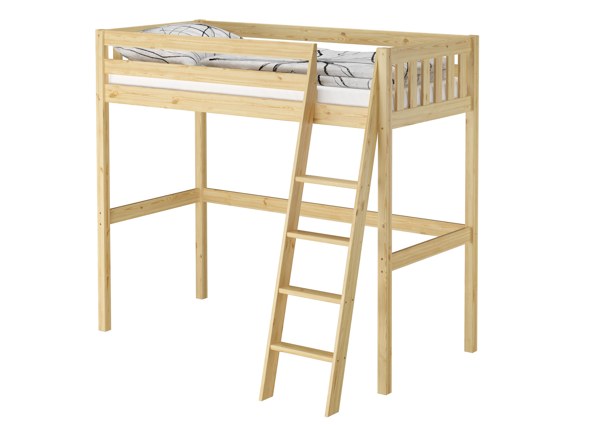 Hochbett, Holz, Kiefer, Leiter, Bettgestell, Platzsparendes Bett 90x200 cm