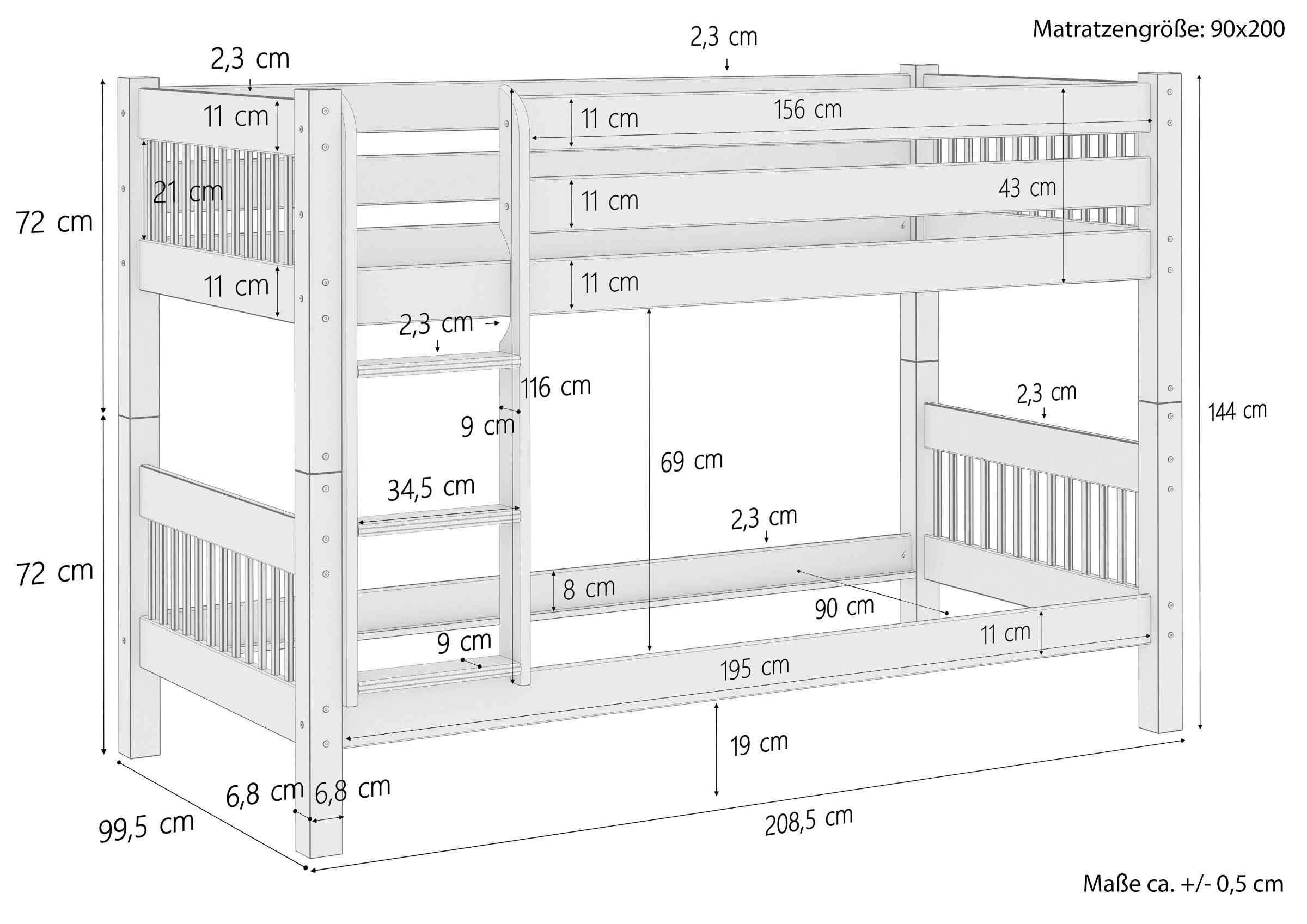 Etagenbett, Dänisches Hochbett, Holzbettt, Gästebett, Höhe verstellbar, Skizze mit Maße Kinderetagenbett