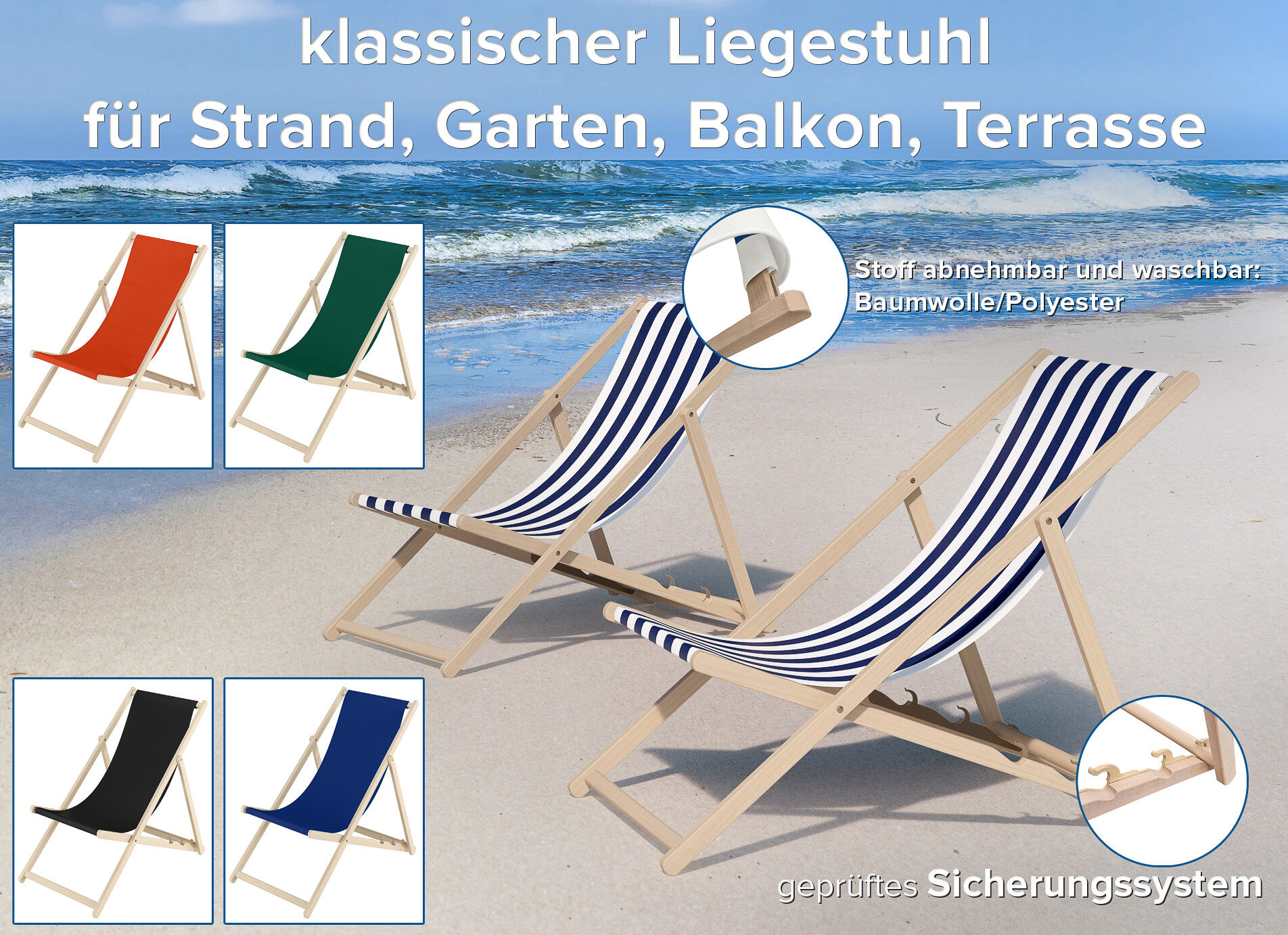 Strandliegestuhl, Holz, Streifen, Klappliege, Stoffbezug, Liegestuhl aus Buche für Garten