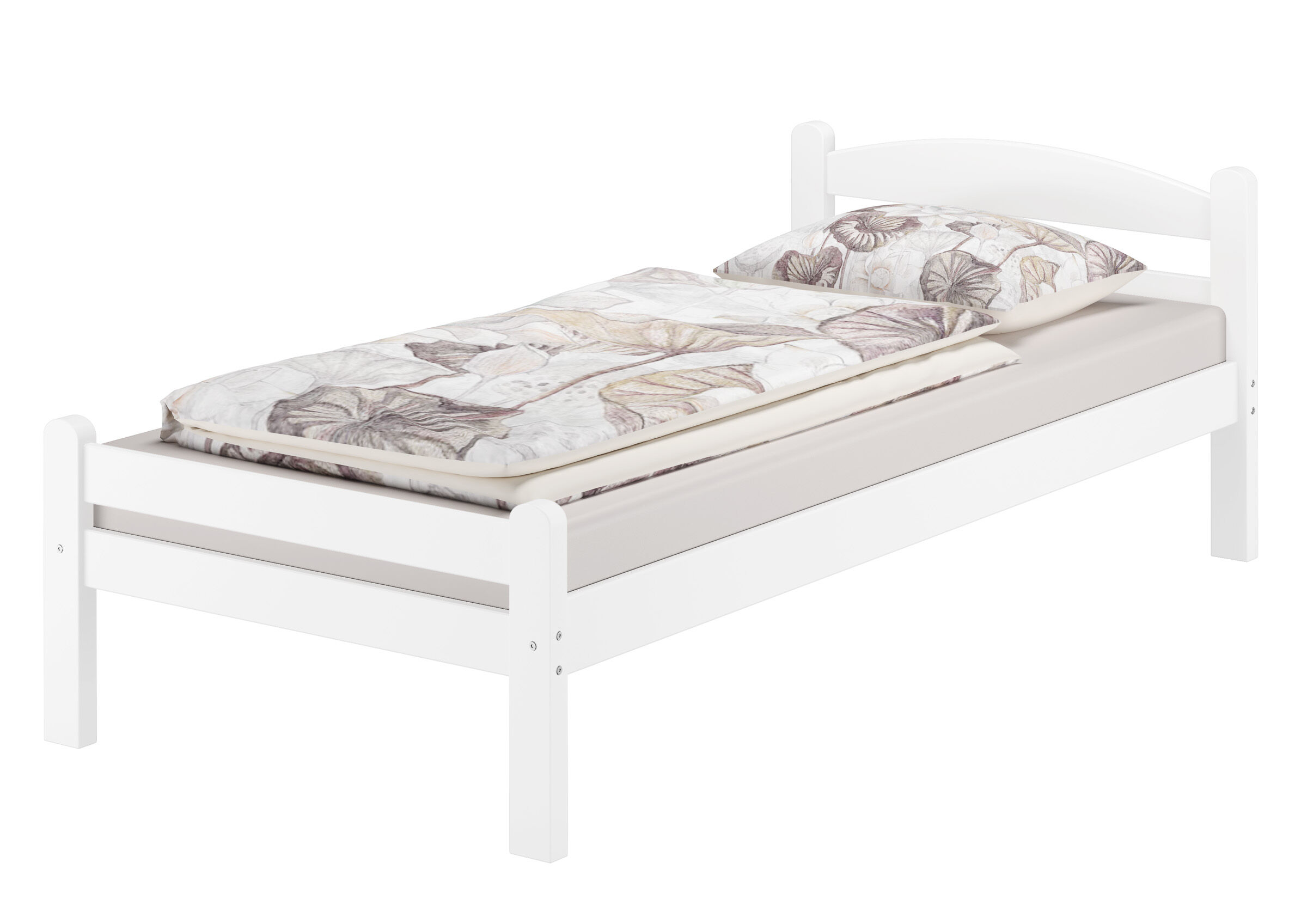 Kinderbett, Holzbett, weiß, Kissenbezug, Blattmuster, Weißes Einzelbett 80x200 aus Buche